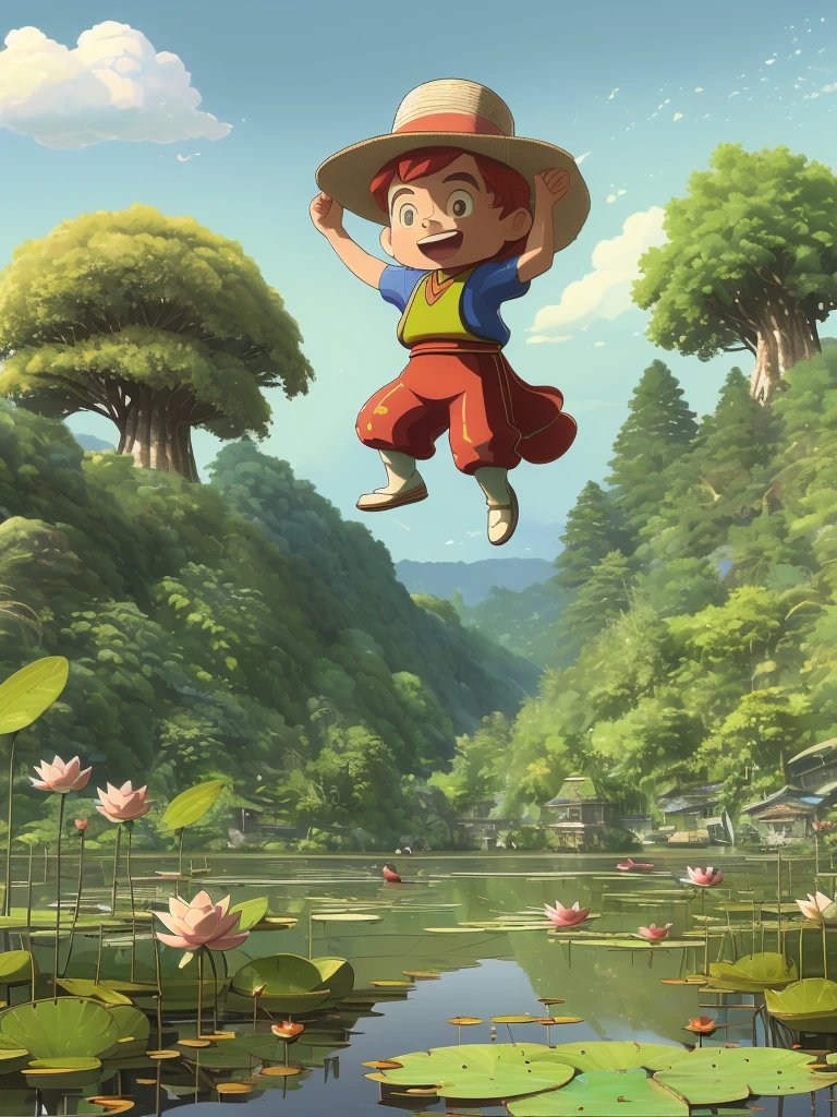 Very realistic 3D rendering scene. The subject is a red panda, Wearing a sun hat，Wearing peasant clothes, Canoeing in the lotus pond, There are plants. Transparent grass in the foreground, Blue sky and white clouds as background, Trees, Pixel, intellectual property, Blind Box, Clay material, Pastel, Studio Lighting. Frontal lobe, Octane Rendering, mixer, Super quality, Ultra HD, 8k, Vivid brushstrokes, Ultra HD, 8k, Vivid brushstrokes, 8k --s 50 --iw 1 --ar 9:16 --q2