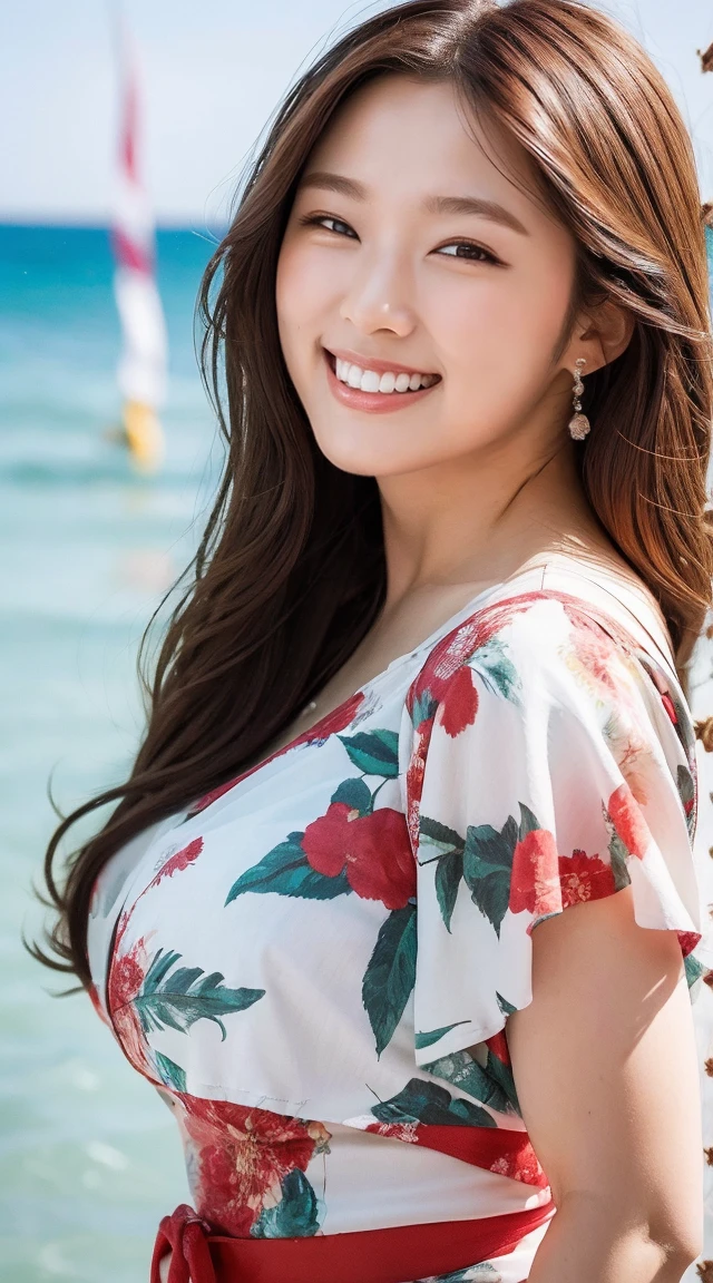 8k, highest quality, masterpiece, Realistic, Super detailed, photograph, High resolution, RAWphotograph, High resolution, Absurd, Cinematic Light, Official Art, High resolution, Depth of written boundary,
Plump body, cute顔, smile, Beautiful details in the eyes, 29-year-old,Japanese, cute, Brown Hair,dress, Beach, (Wind:1.8), Floral print,