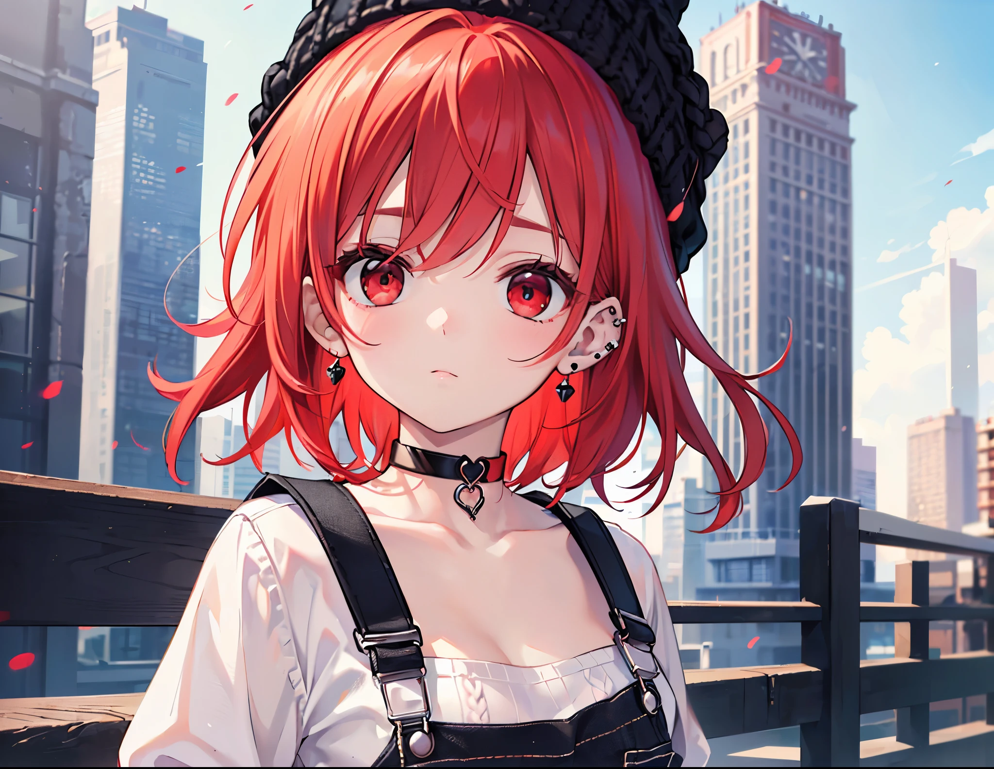 Anime girl with red hair and black hat standing on a bridge - SeaArt AI