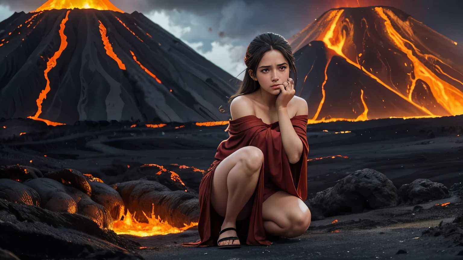 Pompeii,Beautiful girl hugs her knees and sits in the volcanic lava,Surrounded by magma,Facing the volcano,Frightened expression,Clothes slipping off,Off-shoulder,1/2 side faces,Half sideways,Eyes on the volcano,Shed tears,Cry,Shot at a 45-degree angle