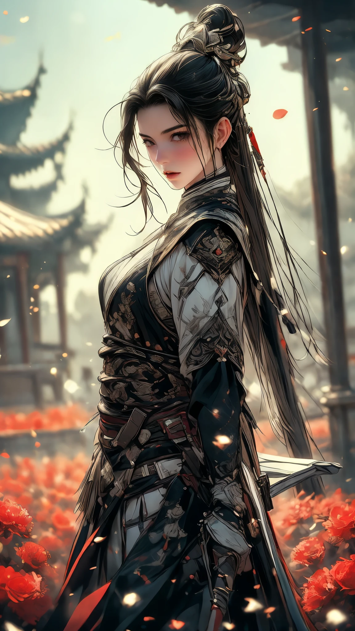 (In 8K，highest quality，masterpiece)，(Realistic，RAW Photos，Super Fine Clear)，Realistic Light，Detailed skin，Beautiful woman，((25-year-old female, Beautiful assassin:1.5)),Thin legs、fine grain，Long Hair, Detailed fingers、thin、Sexual，Ecstasy Facial Expressions,garden, Camellia,Flower Storm, Super big , Bouncy and firm bust