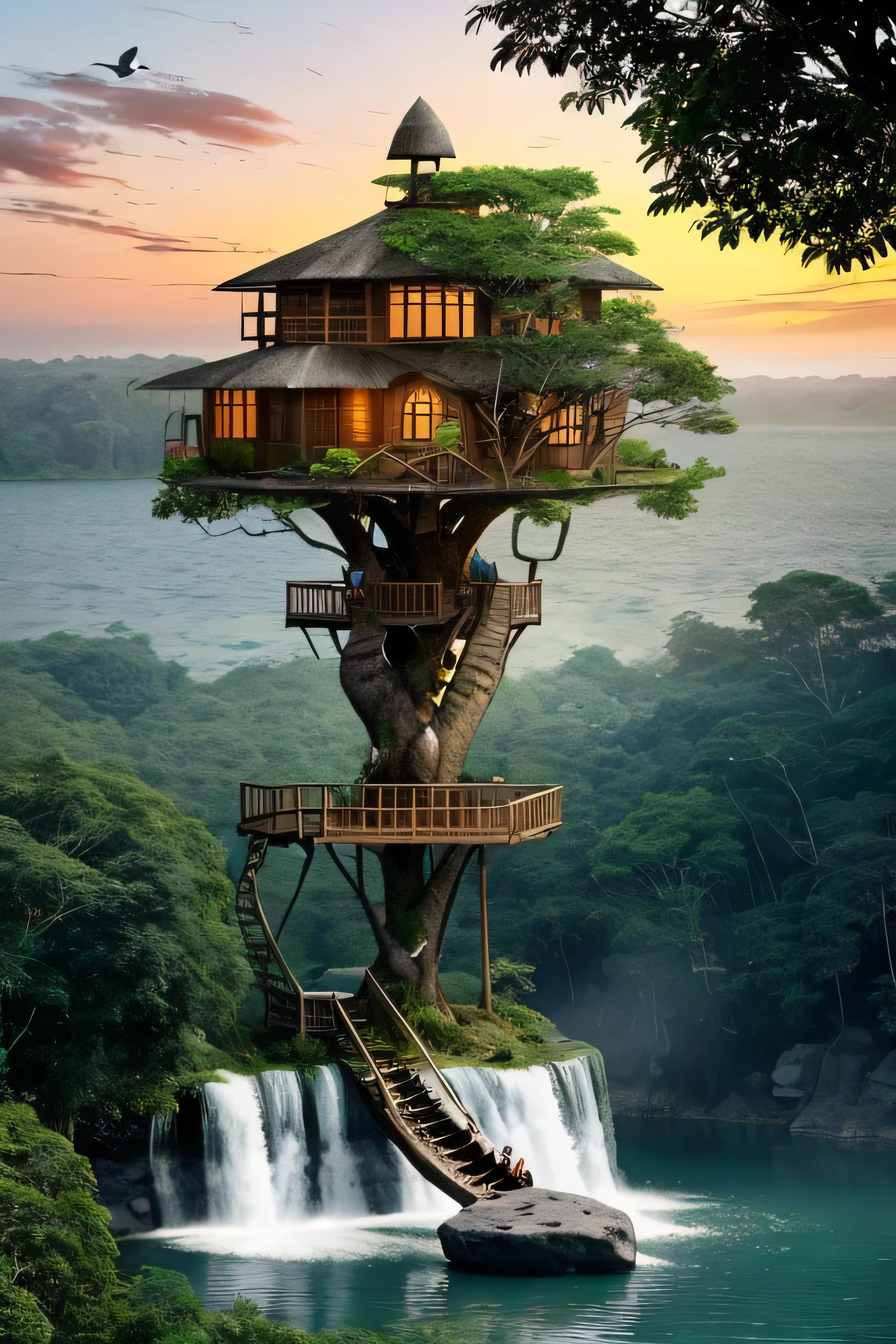 Perfection The Coolest Tree house on a large rock in the middle of the lake in the jungle with sunset, waterfall, bird flying, airroplan flying flowers in front of the house and trees on both sides of the house