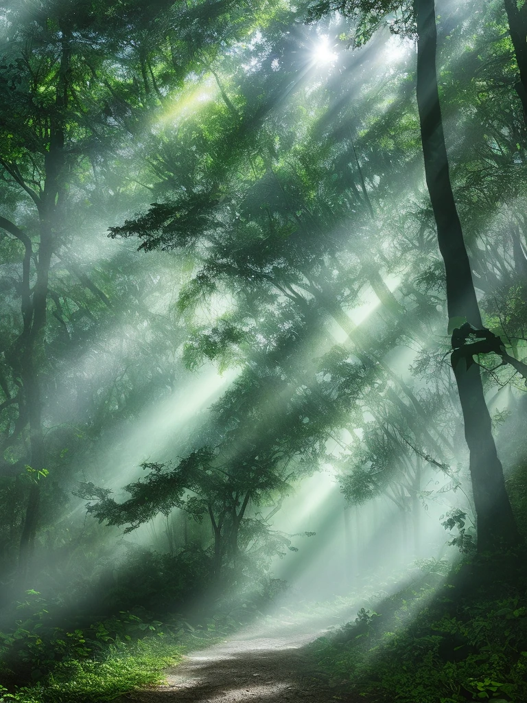 Tyndall effect, Fog in tropical forest, Sunlight through the mist, 32K Ultra HD style, Translucent water, HD Photography, silver andgreen, Low Angle, Smooth brushstrokes,