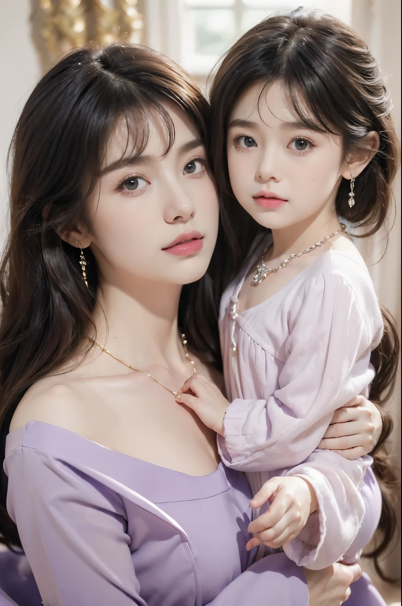(((8k))),((Extremely meticulous CG)) ,(wallpaper),(Portrait above the chest:1.5),16k,((Extremely refined and beautiful)),(((Masterpiece))),(((best qualtiy))),(((Ultra High Resolution))),beautiful light up,realistic shaded,(Smooth and flawless fair skin:1.5),(pale skin:1.3),(Extremely exquisite facial details:1.2),(perfect body:1.2),(ultra-detailed:1.2),(30-year-old mother and 2-year-old daughter:1.5),(woman and little baby:1.5),(small head:1.2),(medium straight bob hair:1.2),(bangs:1.5),(small face:1.2),(baby face:1.3),(Exquisite makeup:1.2),(((slim,thin))),(happy:1.2),(laughing:1.2),(earrings:1.2),(crystal necklace:1.3),(collar:1.3),(purple dress:1.5),(sleeves:1.3),(day scene:1.5),(indoor:1.2),(in the living room:1.5),(detailed background:1.5),(standing:1.3),(arms behind back:1.3),(close-up of face:1.3),(from front:1.3)
