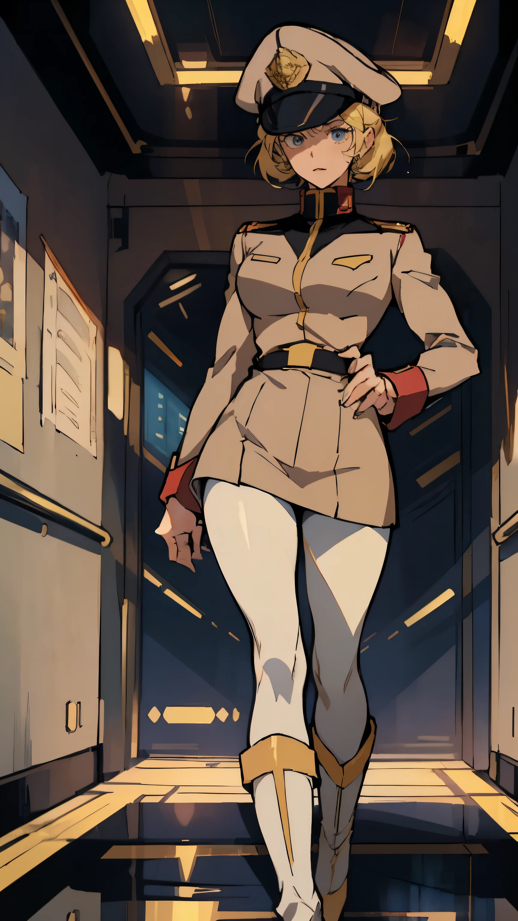 (((masterpiece,highest quality,In 8K,Super detailed,High resolution,anime style,absolutely))),(A female officer of the Earth Federation Forces is walking..:1.5),(alone:1.5), (Wearing a uniform of the Earth Federation Forces:1.5),(wearing an officer hat: 1.5),(Cute girl:1.4),(pretty face:1.4), (beautiful hands:1.4), (fine hands:1.2), (wallpaper:1.5), (whole body:1.5), ((overlook:1.5)), ((25 year old girl, white tights)), (inside a spaceship), (((long legs))), (tan uniform)