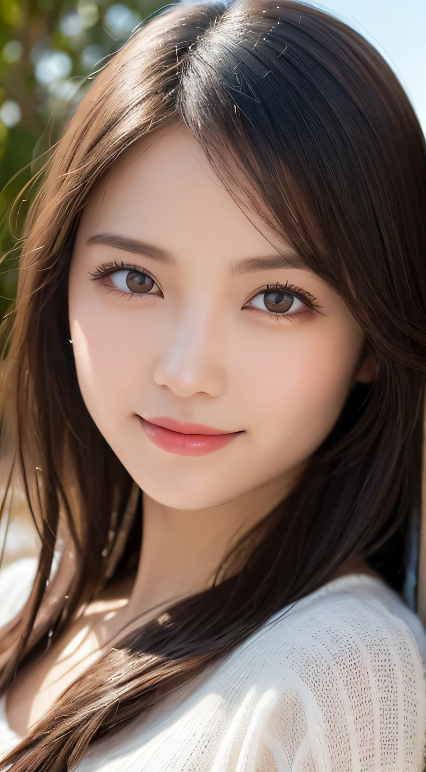Body portrait, 8K, thin and beautiful eyes, Dindal effect, masterpiece, top quality, high quality, high resolution, very detailed photo, (natural skin texture, fine skin, hyper realism, super sharpness), high detail skin, (very fine), fine skin texture, dense detail, beautiful face, (realistic face), realistic eyes, beautifully detailed eyes, realistic skin, beautiful skin, surreal, highly detailed Golden ratio, smiling eyes, daytime beach, skin that reflects sunlight, body portrait, oily skin, shiny skin, black shiny skin, oily shiny skin, huge breasts, super breasts, big breasts, glamorous, thin knit sweater, wet,