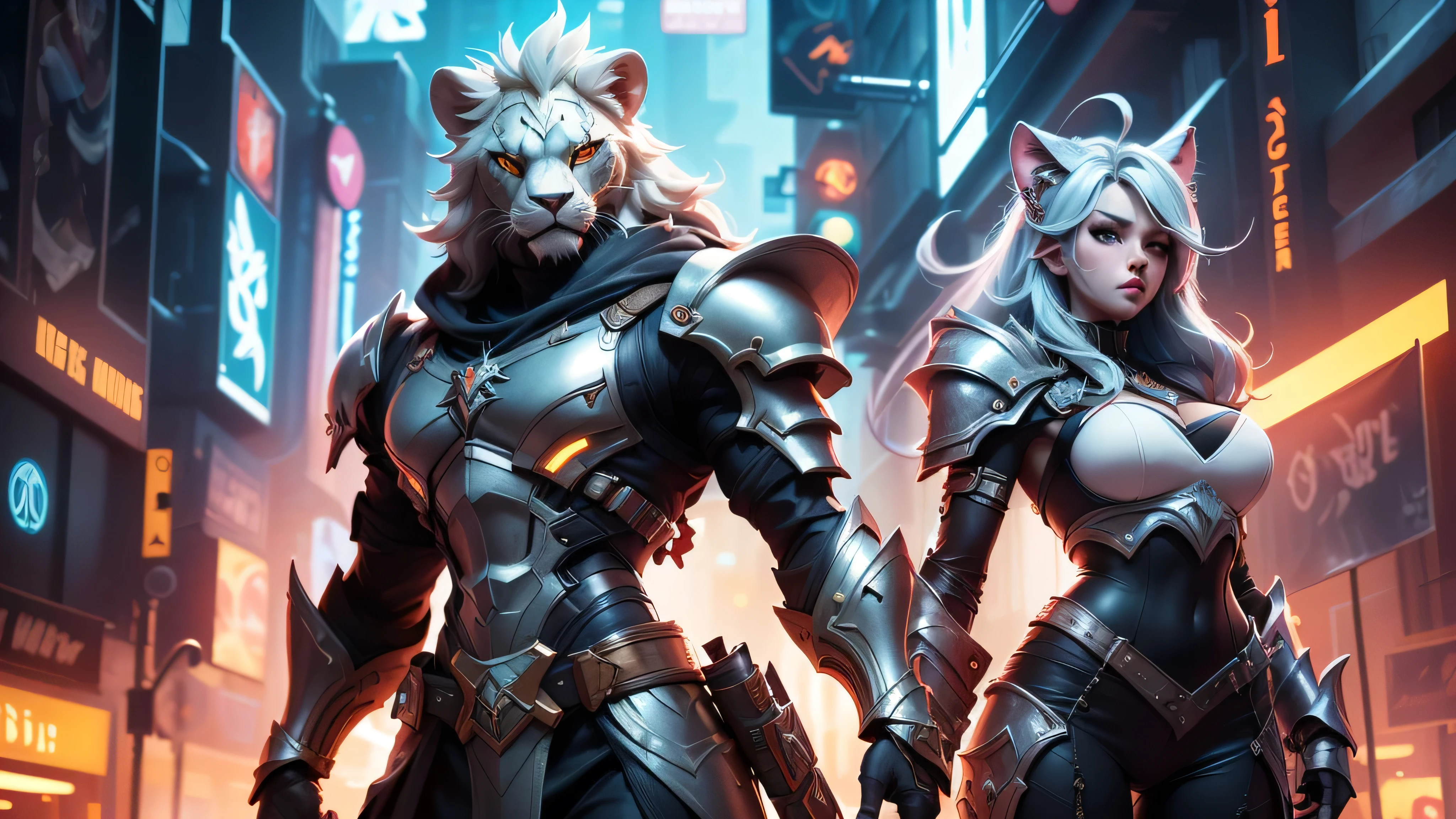 There is furutistic battlefield ... There standing lion warrior in cyberpank heavy armor, (ultra high quality fantasy art, cyberpunk fantasy style, masterpiece, ultra highquality character design, 8k quality anime art, top quality wallpaper illustration, detailed ultra high quality acurrate face, highquality design and acurate physic )