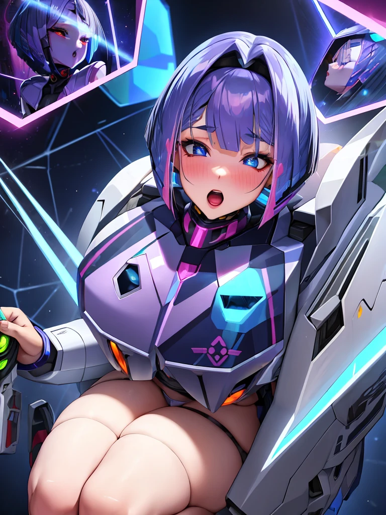 full body,masterpiece, high details, high quality, best quality, anatomically correct, masterpiece, textured skin, super detail,ultra-detailed, best quality, extremely detailed, 8k, high res, realistic, 1girl, 18yo, beautiful girl, (half closed eyes),(narrowed eyes:1.2),(open mouth), (blush:1.2),BREAK,(cyber armor:1.8),(a close up of a woman in a purple and white gundam custume:1.4), fully robotic!! girl,blue beautiful eyes, (dark blue medium bob hair,asymmetrical parted bangs:1.8),BREAK,(Ray gun:1.5),(voluptuous bust:1.3),(Gaunt , thin waist:1.3),looking at viewer,white background,