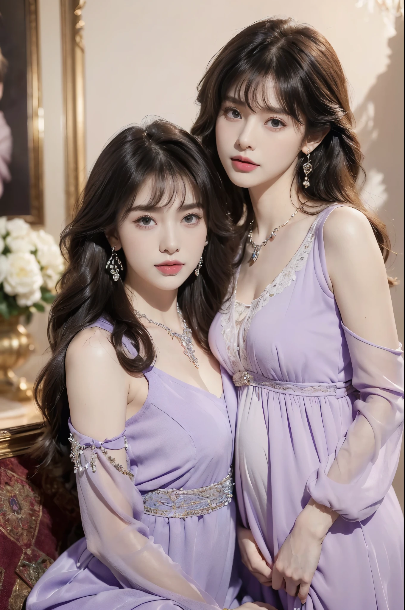 (((8k))),((Extremely meticulous CG)) ,(wallpaper),(Portrait above the chest:1.5),16k,((Extremely refined and beautiful)),(((Masterpiece))),(((best qualtiy))),(((Ultra High Resolution))),beautiful light up,realistic shaded,(Smooth and flawless fair skin:1.5),(pale skin:1.3),(Extremely exquisite facial details:1.2),(perfect body:1.2),(ultra-detailed:1.2),(30-year-old mother and 2-year-old daughter:1.5),(woman and little baby:1.5),(small head:1.2),(medium straight bob hair:1.2),(bangs:1.5),(small face:1.2),(baby face:1.3),(Exquisite makeup:1.2),(((slim,thin))),(happy:1.2),(laughing:1.2),(earrings:1.2),(crystal necklace:1.3),(collar:1.3),(purple dress:1.5),(sleeves:1.3),(day scene:1.5),(indoor:1.2),(in the living room:1.5),(detailed background:1.5),(standing:1.3),(arms behind back:1.3),(close-up of face:1.3),(from front:1.3)