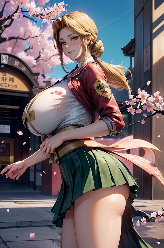 8K(A sloppy smile:1.5)((woman,Huge , (Huge breasts:1.4),(Are fat:1.3),とても唇が赤いHuge breastsを強調,Big Ass,Narrow waist,Long legs,Green Eyes立っている)) 8k((((Anime Style),(The facial expression is good:1.1))))8k(((((Anime Style)Green Eyes)))) 8k((Standing at the station))8k((Waiting for a train at the station))8k((Morning))8k((Beauty))((学生blazer15歳学生服 緑のネクタイ, blazer, Pleated skirt))8k(((((spring,cherry blossoms,The wind is blowing,Her skirt is flipped up,cherry blossomsが散っている:1.1)))))
