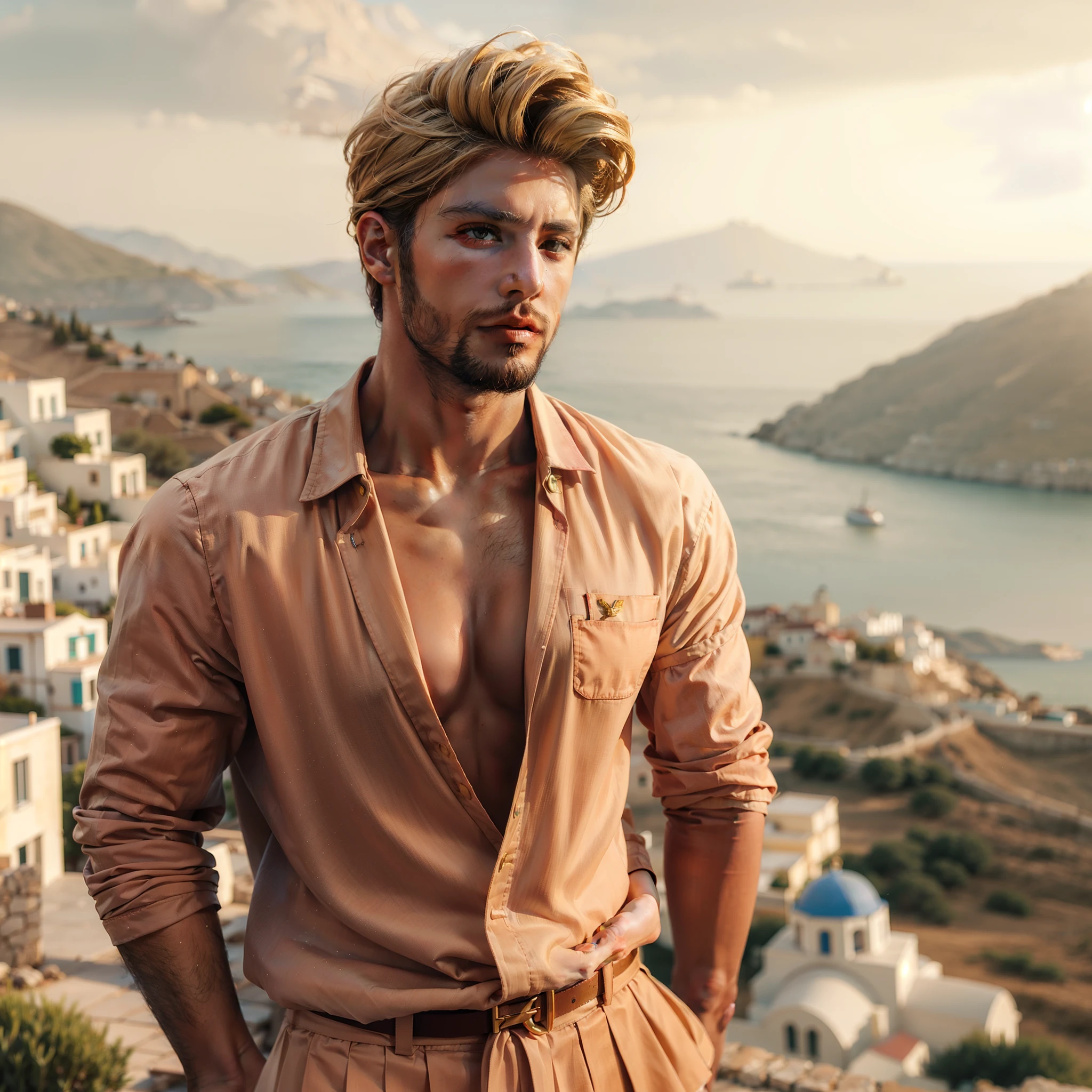 Generate a full body, photorealistic blonde Turkish male influencer, portrait mode on 50mm, a Hermes looking outfit, standing in front of of a Greek island village landscape, masterpiece, high definition