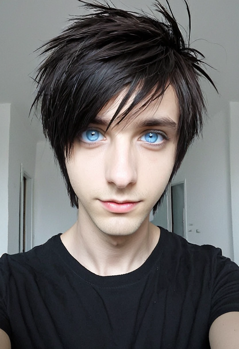 el es un chico emo, Tez blanca, delgado, gray blue eyes, Dark brown hair, short emo hairstyle and he is 1 .91 cm de altura, muy guapo, Polish and looks like the character Dominik Santorski from the movie Suicide Room.  , is taking a selfie. Hazlo con ropa emo negra.
