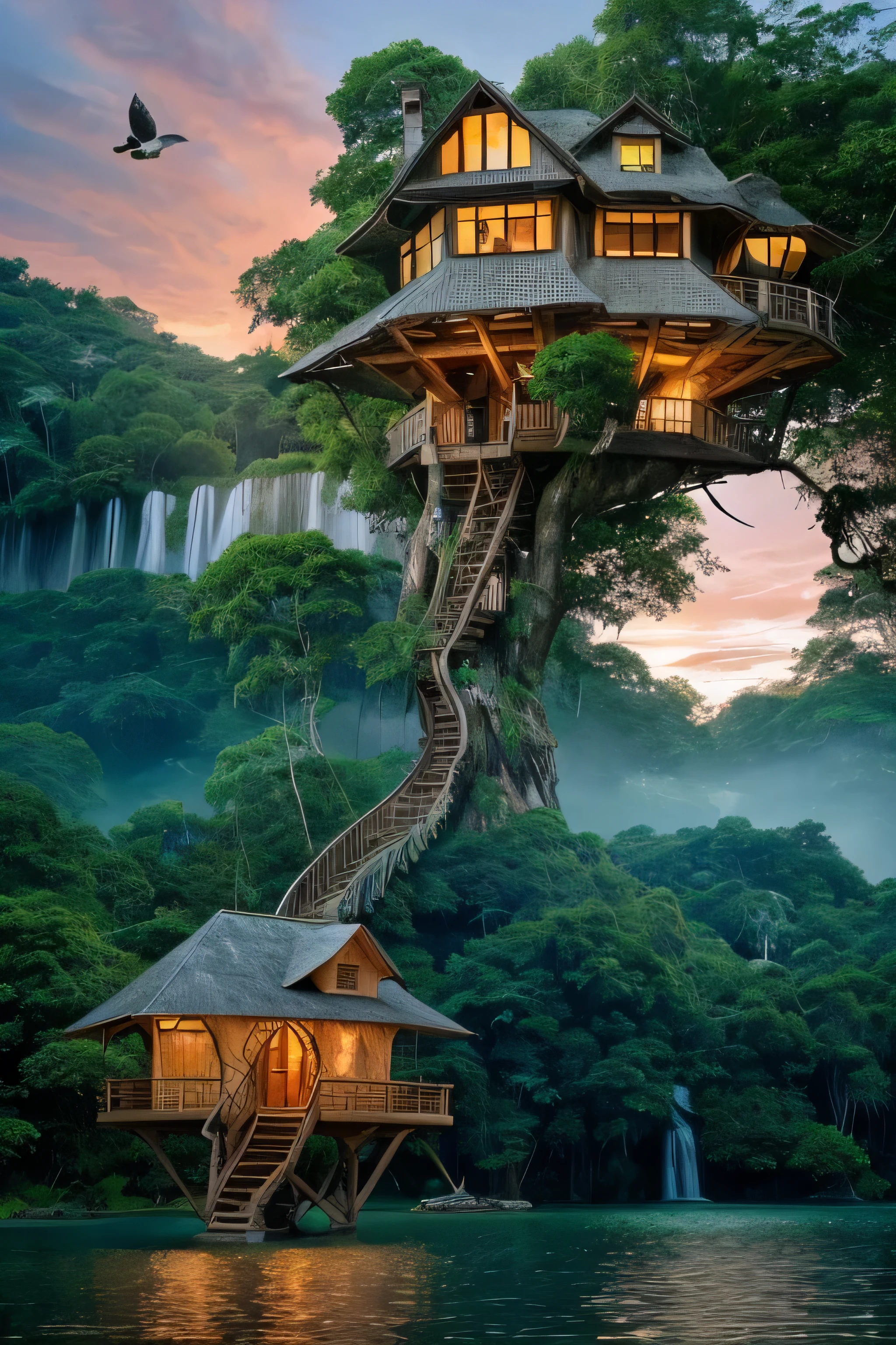Perfection The Coolest Tree house on a large rock in the middle of the lake in the jungle with sunset, waterfall, bird flying, airroplan flying flowers in front of the house and trees on both sides of the house