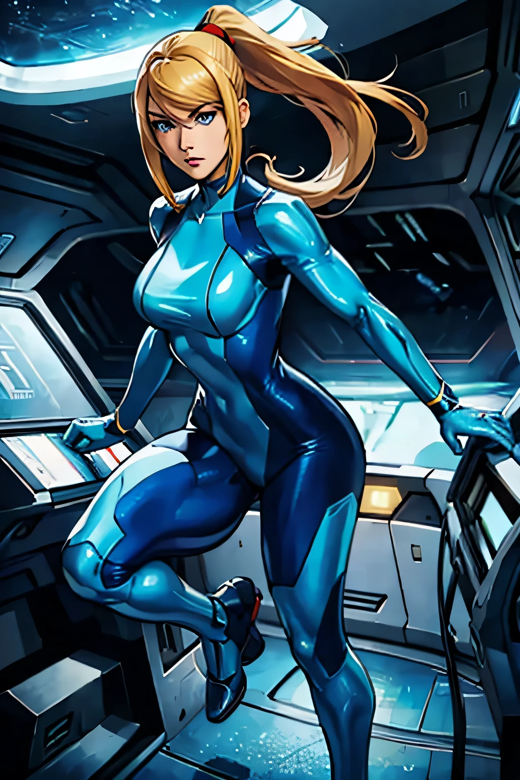 thick outlines, comics, photorealistic, 1girl, solo, full body shot, dynamic pose, samus, zero suit, blue eyes, ponytail, gun, inside of a spaceship, futuristic, detailed background, detailed face, detailed eyes, 