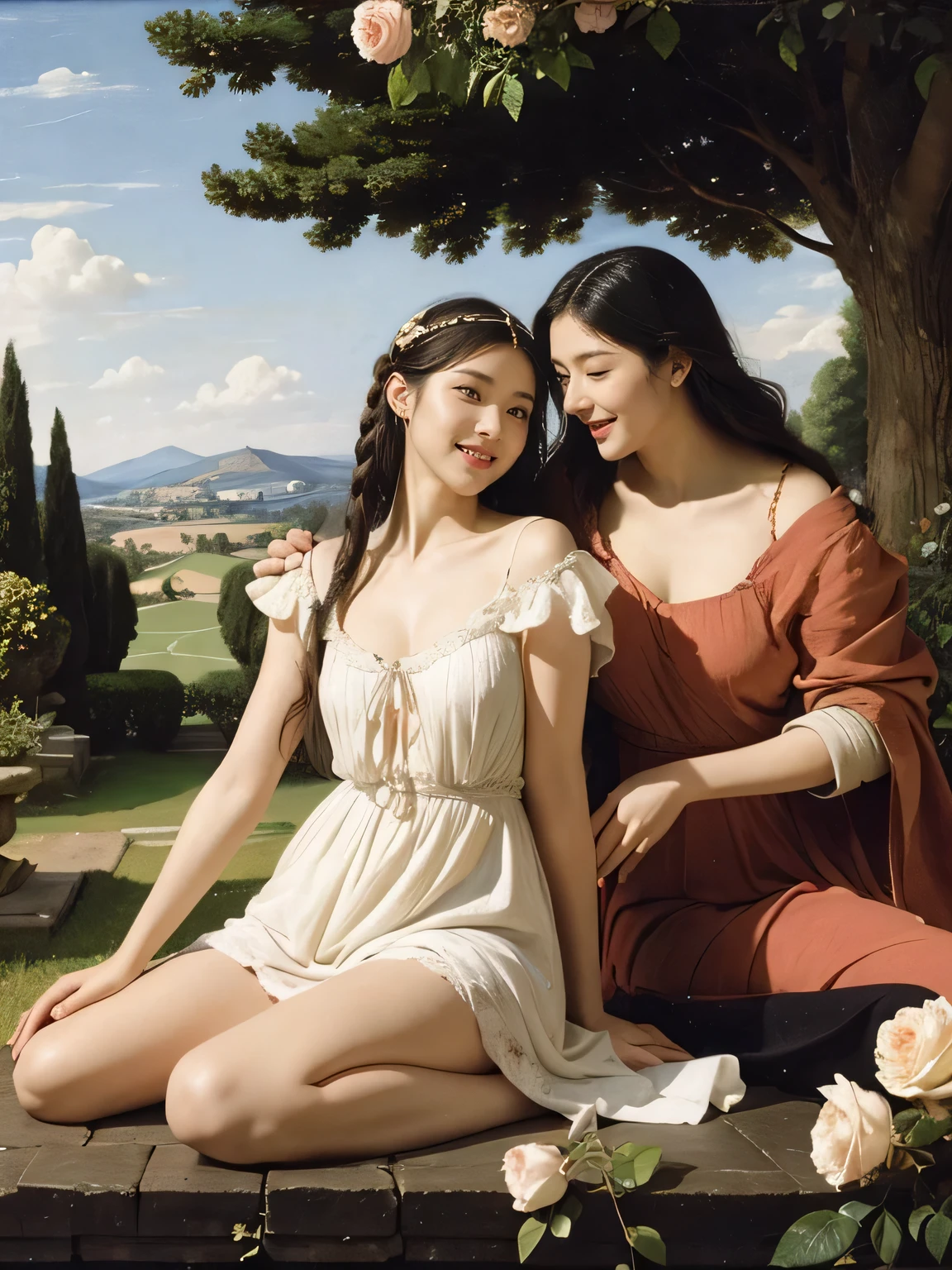 full body portrait or statue、Giorgione painting style,Arguments of two female Philosophe,math、astronomical machine、astronaut、roses in vase、fruits、Cute trinkets、smile、ancient greek costume、Ancient Roman landscape in the style of Nicolas Poussin,laughter,,Sweet and seductive appearance.、Caravaggio's paintings、Chiaroscuro of Caravaggio、hair tousled by the wind,Two women frolicking,cute smile, expression of ecstasy,Sexy,erotic