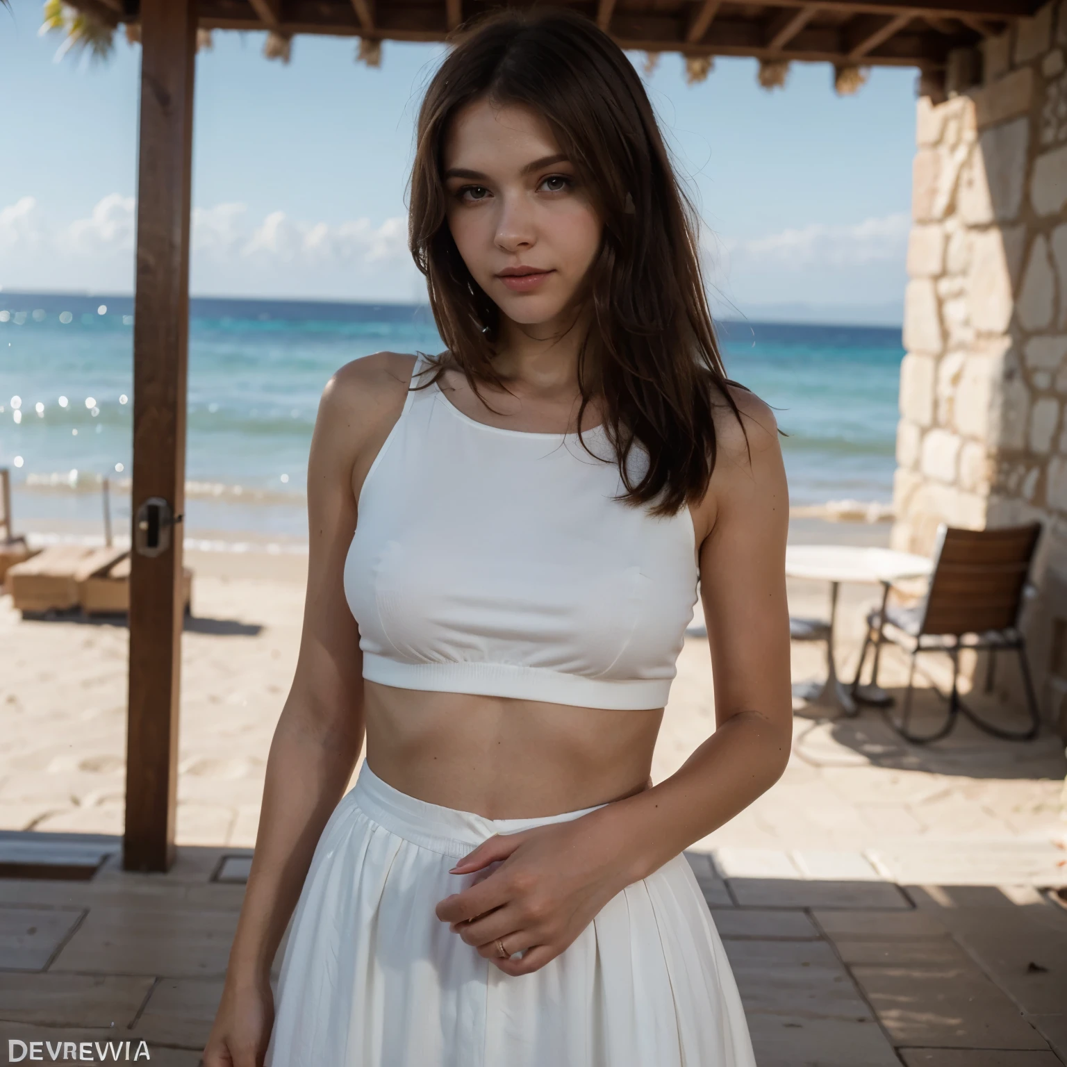 Araffe dress, white skirt with small breasts, red cream and the beach near Scarcely, wearing a beautiful face to see the audience, the sky is bright, clear, beautiful, curved, portrait, Gabriella Linda, full-length photo Sucier Red seducer and powerful dress