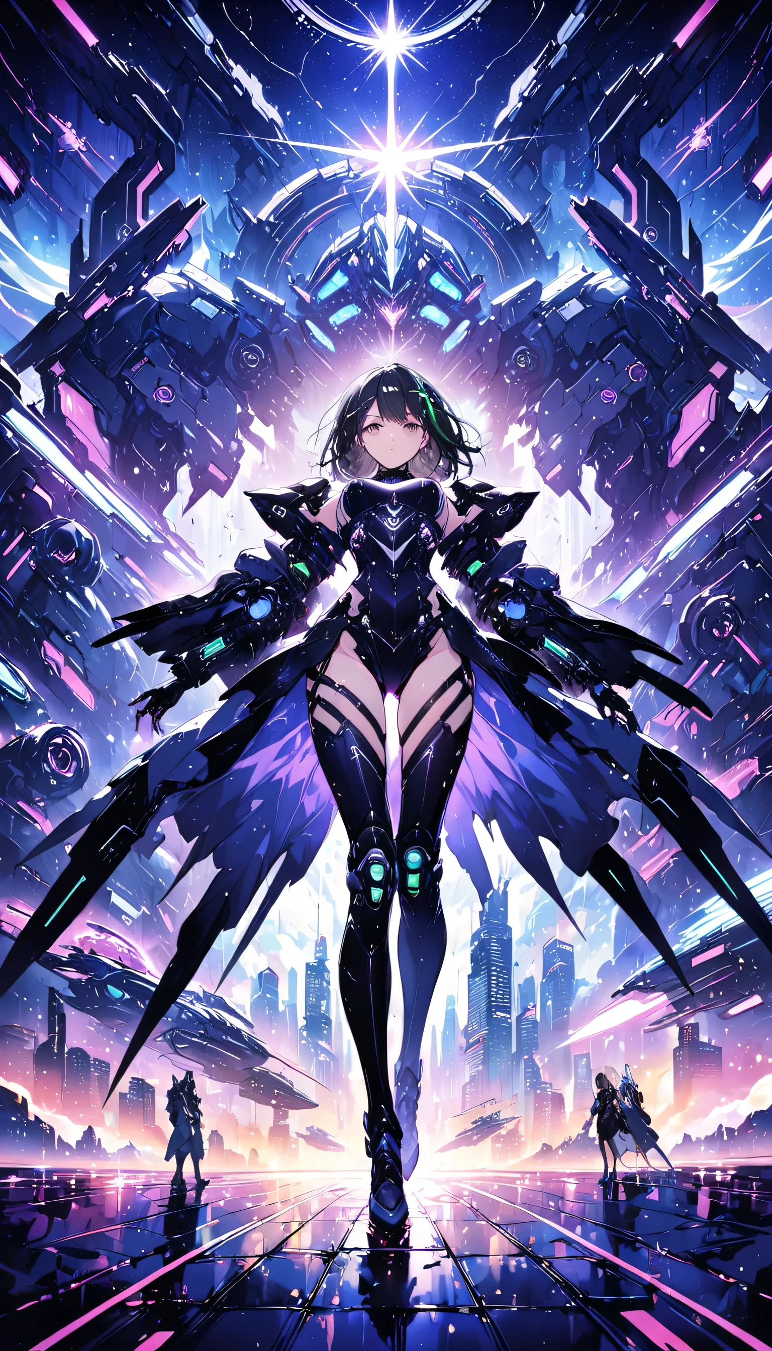 highest quality ,masterpiece, shape, Very delicate and beautiful, Very detailed ,CG ,Unity ,8k wallpaper, wonderful, finely, masterpiece,highest quality,Official Art,Very detailed CG Unity 8k wallpaper,Confused, incredibly Confused, Very detailed, High resolution, Very detailed,Beautiful detailed girl,The light shines on your face, 1 girl, Mecha, armor, Mechanical_body, Black Hair, Spaceship, city, cyber punk, star,