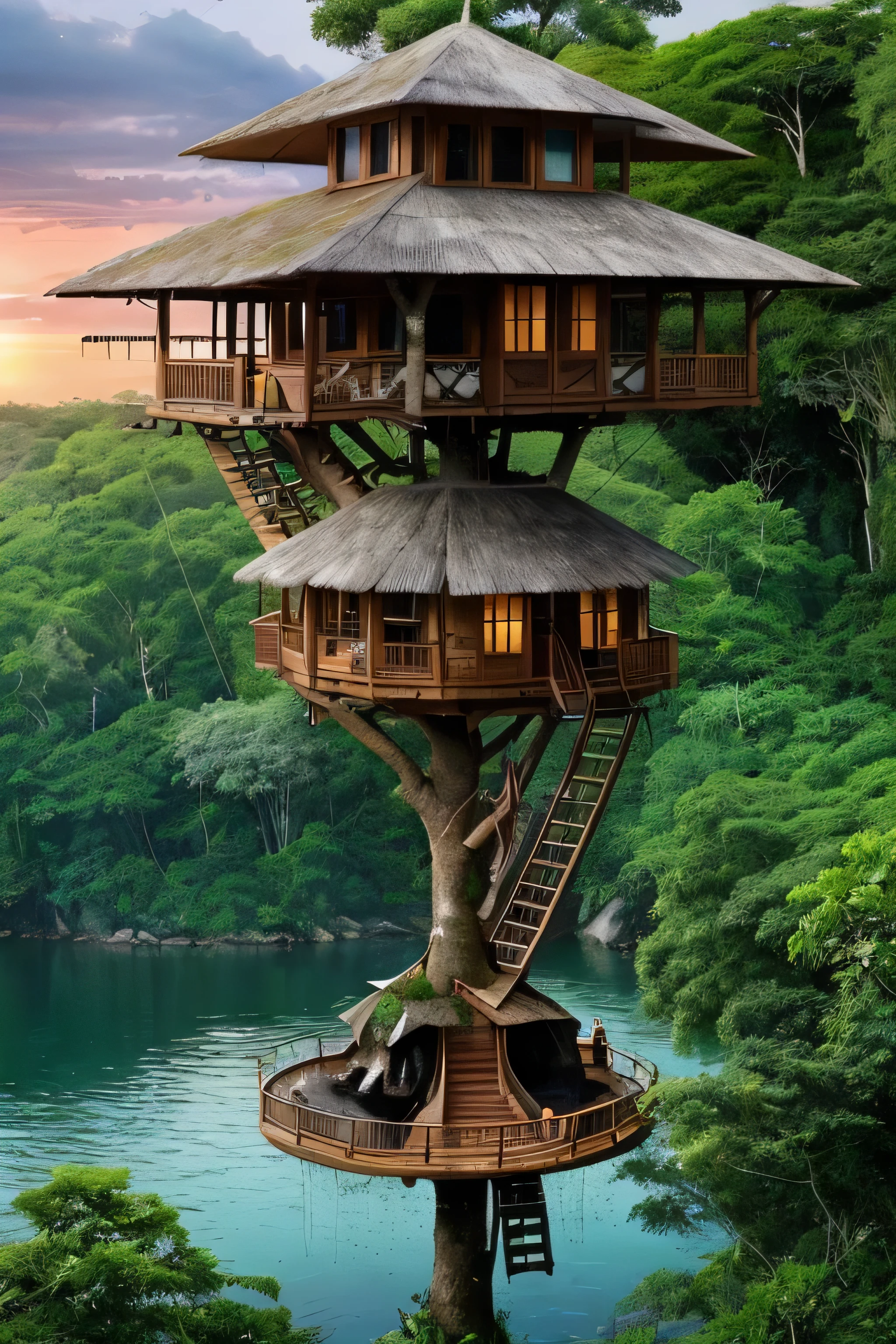Perfection The Coolest Tree house on a large rock in the middle of the lake in the jungle with sunset, waterfall, bird flying, airroplan flying flowers in front of the house and trees on both sides of the house