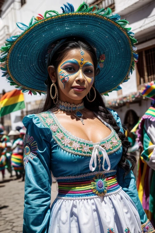 Un primer plano de una mujer con un vestido azul y blanco y sombrero, disfraz con detalles en azul, disfraz tradicional, vistiendo un traje adornado, folklorico, (((carnaval de Oruro, bolivia))), ethnic outfit, ropa tradicional de chola color azul, vestido tradicional, Traje nacional boliviano de carnaval, una mujer joven y muy hermosa.