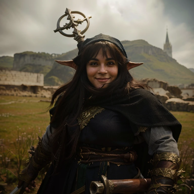 there is a woman with a sword and a hat, elfa, mulher meio elfa, elven character with smile, elfaling, a retrato de um elfo, retrato de um elfo, garota elfa, half orc mulher meio elfa, (((louco))) princesa elfa, jovem meio elfo bruxo, portrait elfa wizard, retrato de uma maga feminina