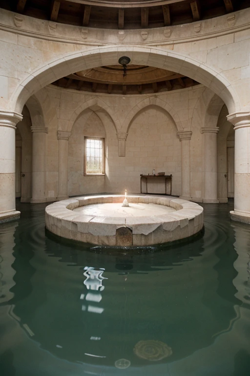 Large ritualistic circular room made of white stone, covered by a thick layer of clean, transparent water, in the center a round stone rises above the water with a white dagger in the center
