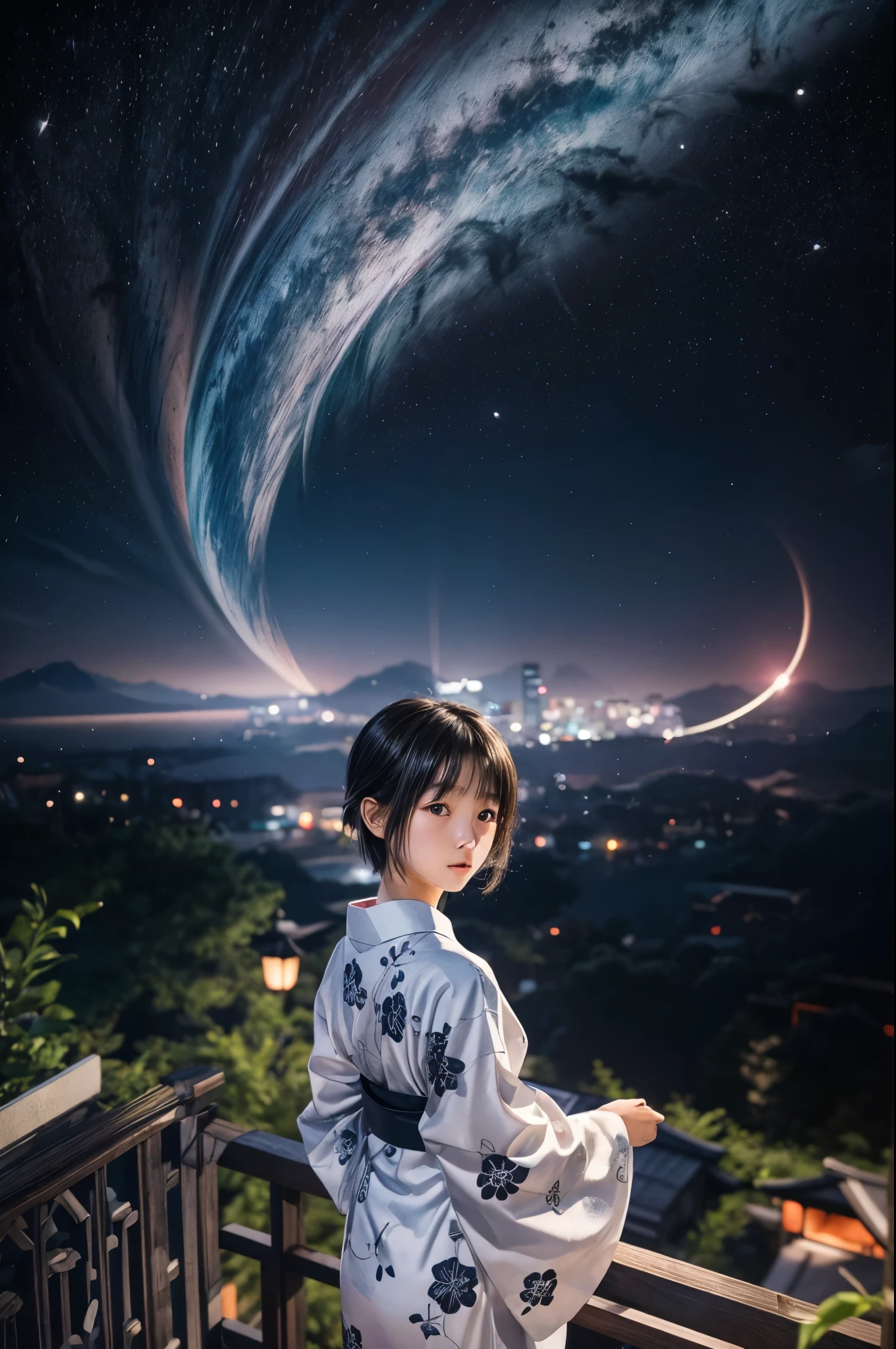 A 15-year-old Japanese girl stands gazing at the night sky、Slender、wearing a black yukata。White medium short hair。The yukata has a white rabbit design。Highest quality。Pose in the back。