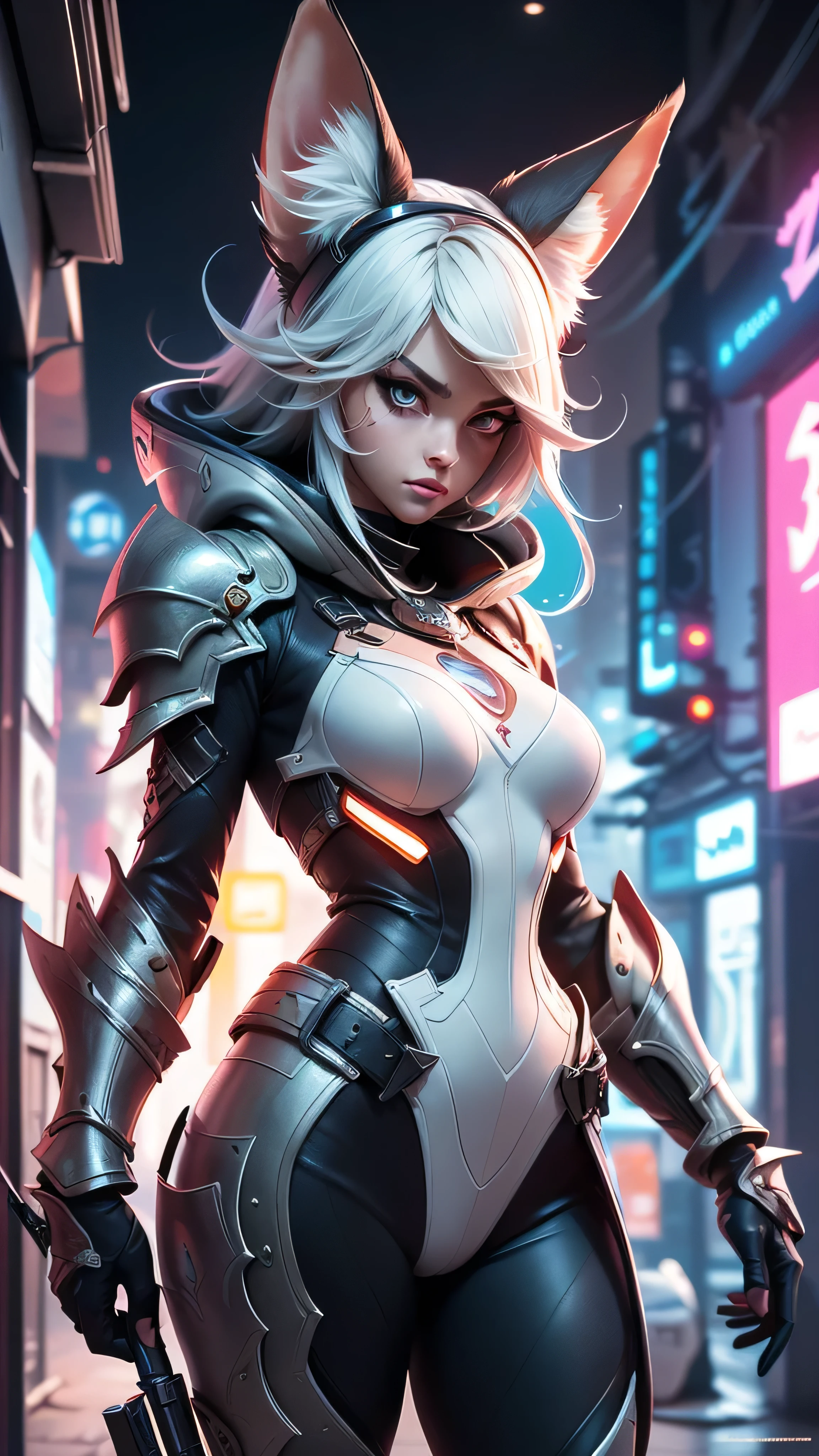 There is furutistic battlefield ... There standing fox female assassin in cyberpank heavy armor, (ultra high quality fantasy art, cyberpunk fantasy style, masterpiece, ultra highquality character design, 8k quality anime art, top quality wallpaper illustration, detailed ultra high quality acurrate face, highquality design and acurate physic )