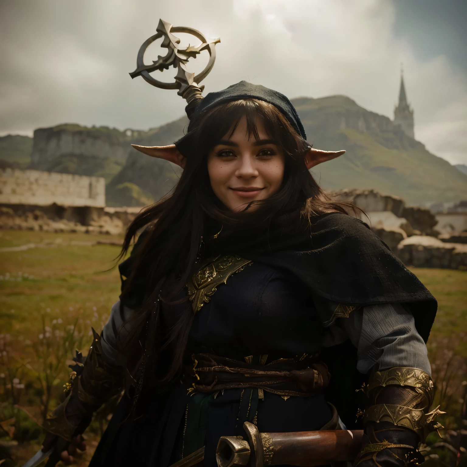 there is a woman with a sword and a hat, elfa, mulher meio elfa, elven character with smile, elfaling, a retrato de um elfo, retrato de um elfo, garota elfa, half orc mulher meio elfa, (((louco))) princesa elfa, jovem meio elfo bruxo, portrait elfa wizard, retrato de uma maga feminina