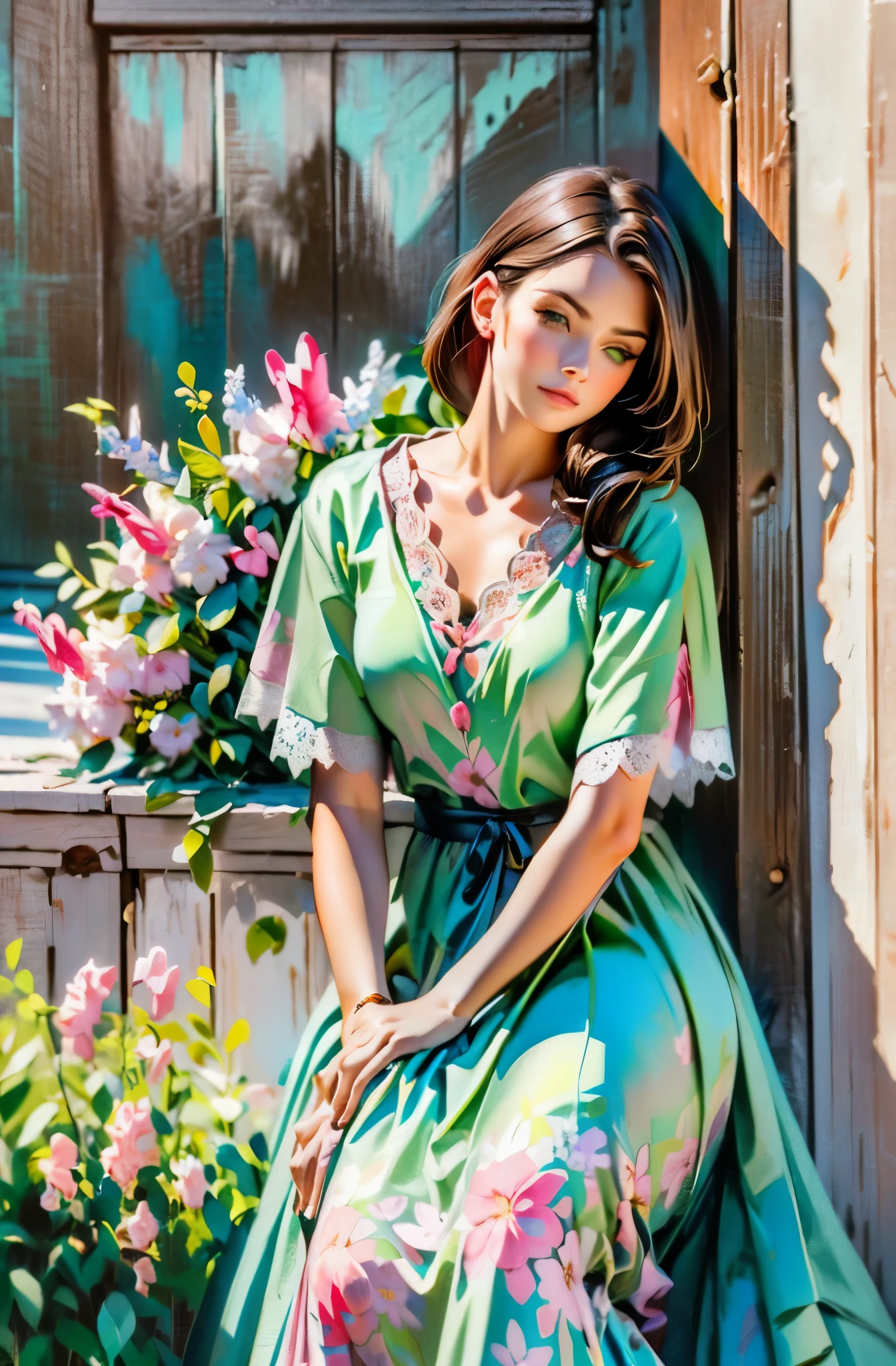 (Impresionism1:1.0) soft pastel palette (white, pink, red, green, brown) watercolor (pensive pretty Young woman long brown hair in a floral print dress lace edges 1.0) (sitting on a stone door step leaning against an old brown wooden door 1.0).