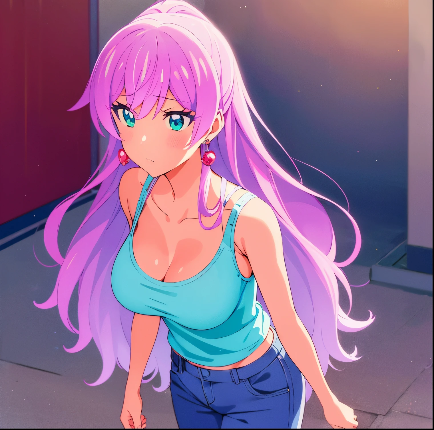 1 girl, alone, Akari Watanabe, long hair, blue eyes, pink hair, thin, earrings, tight tank top, pink blouse, cleavage, white floral print, denim pants, blue tight pants, bare arms, full length, breasts large, medium waist, wide hips, wide thighs, round butt, walking on the street, evening, good lighting (masterpiece: 1.2), best quality, high resolution, 8K wallpaper unit (art: 0.8), ( beautiful detailed eyes: 1.6), extremely detailed face, looking at the viewer, from the front (from above), perfect lighting, extremely detailed CG (perfect hands, perfect anatomy),