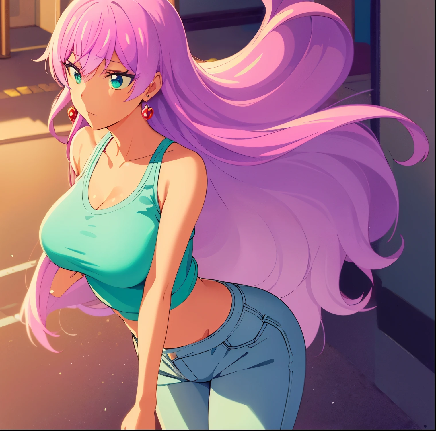 1 girl, alone, Akari Watanabe, long hair, blue eyes, pink hair, thin, earrings, tight tank top, pink blouse, cleavage, white floral print, denim pants, blue tight pants, bare arms, full length, breasts large, medium waist, wide hips, wide thighs, round butt, walking on the street, evening, good lighting (masterpiece: 1.2), best quality, high resolution, 8K wallpaper unit (art: 0.8), ( beautiful detailed eyes: 1.6), extremely detailed face, looking at the viewer, from the front (from above), perfect lighting, extremely detailed CG (perfect hands, perfect anatomy),