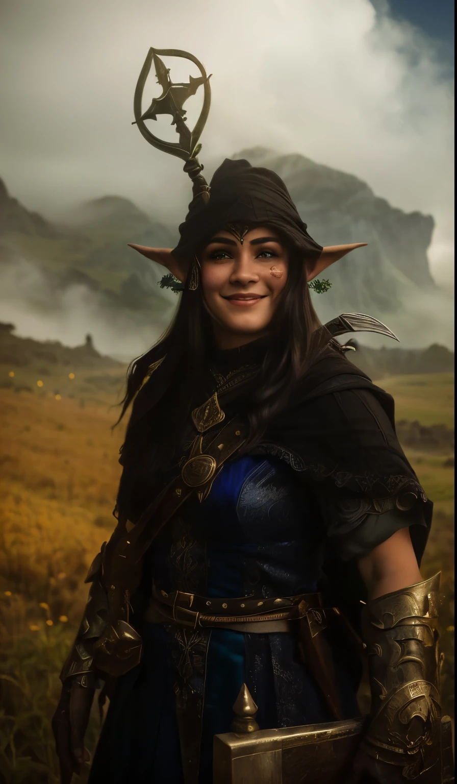 there is a woman with a sword and a hat, elfa, mulher meio elfa, elven character with smile, elfaling, a retrato de um elfo, retrato de um elfo, garota elfa, half orc mulher meio elfa, (((louco))) princesa elfa, jovem meio elfo bruxo, portrait elfa wizard, retrato de uma maga feminina