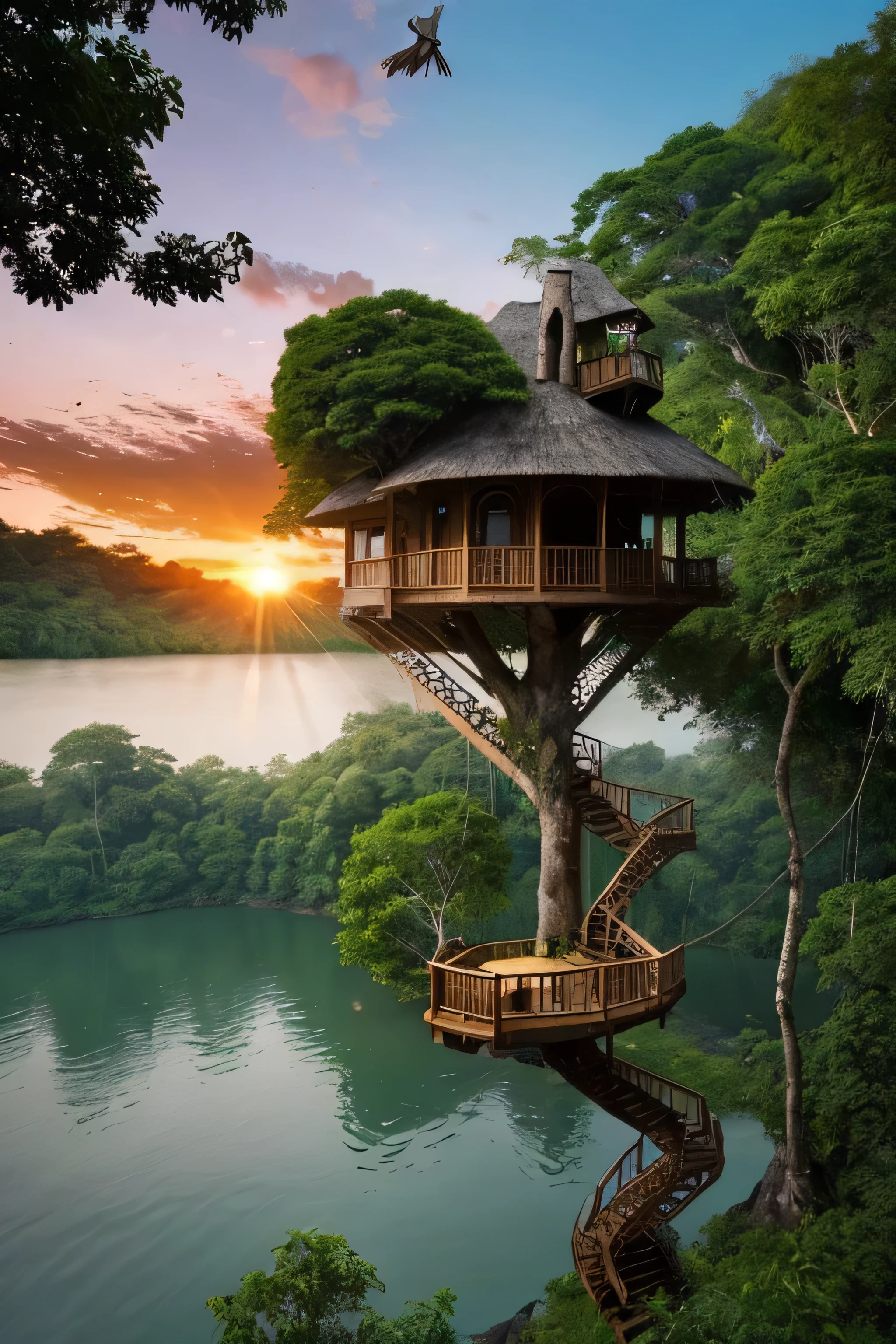 Perfection The Coolest Tree house on a large rock in the middle of the lake in the jungle with sunset, waterfall, bird flying, airroplan flying flowers in front of the house and trees on both sides of the house