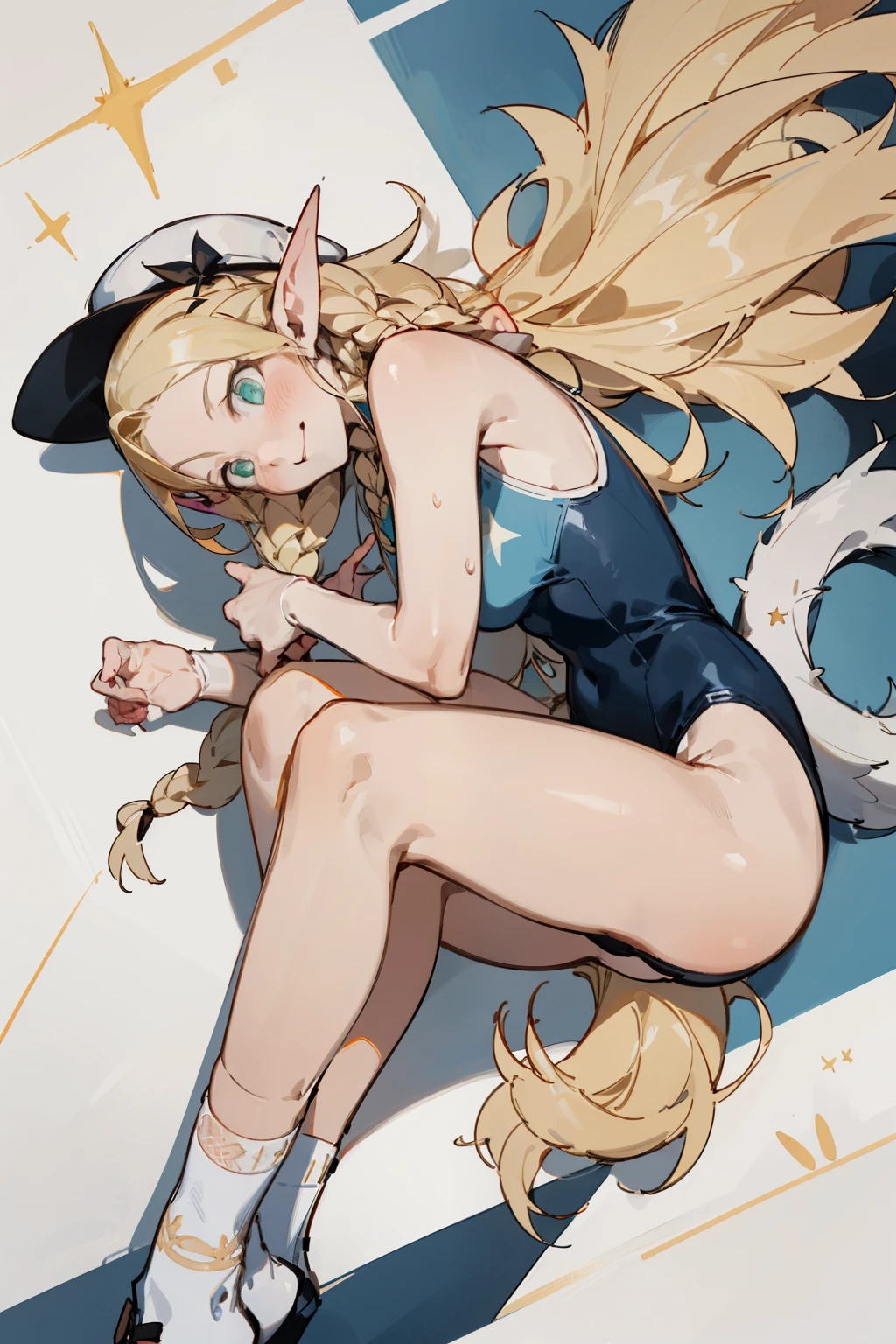 一个穿着黑色Deep V one-piece swimsuit、girl in a hat，(masterpiece, best quality) detailed,silver accessories , Blonde ,elegant, Pointed ears ，Deep V one-piece swimsuit，Double tail，Waist-length hair，Smile，Star decoration，White lace socks，thorns，Rose，Vest line