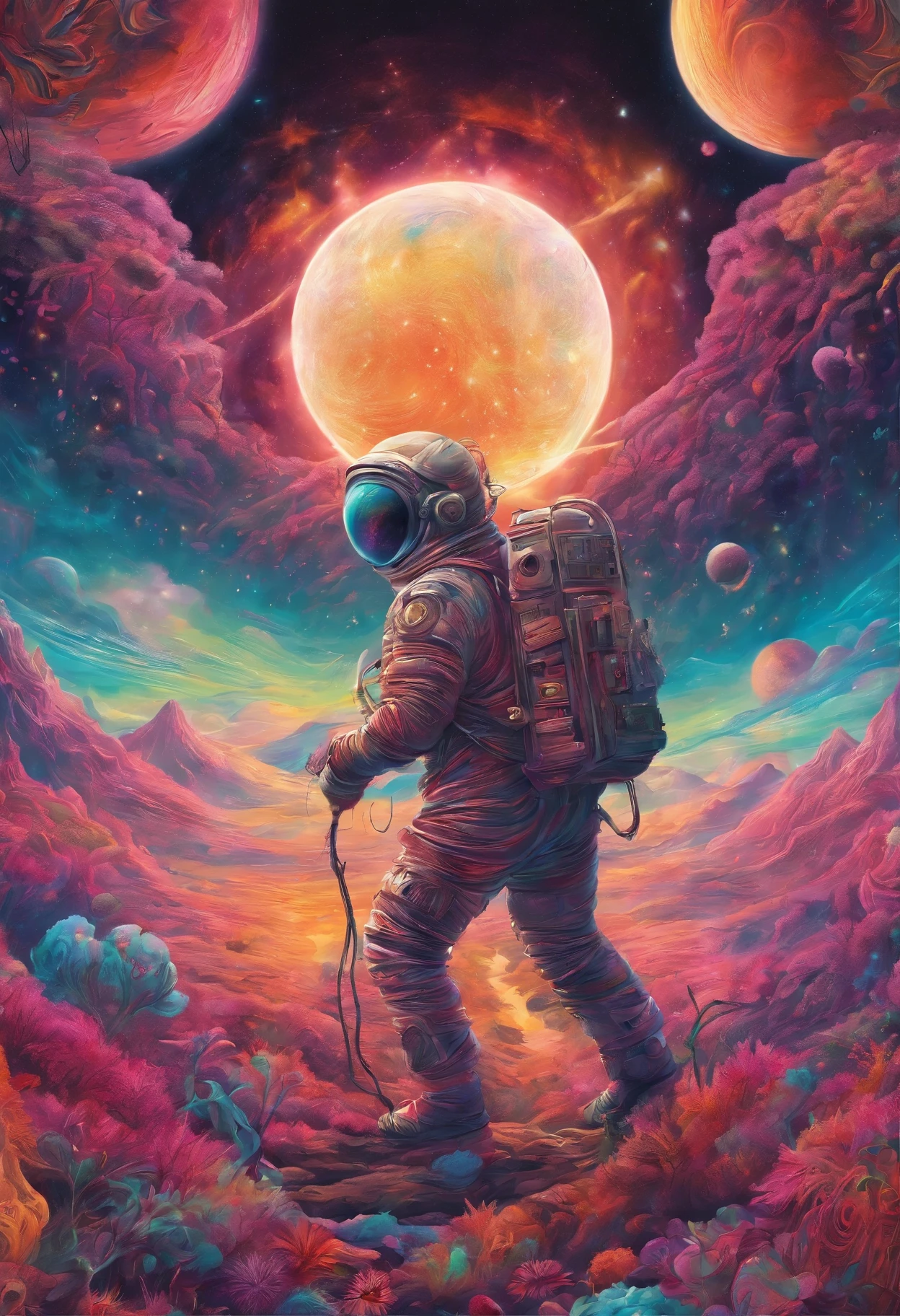 HD detail, Close-up of a man in a spacesuit, planet on background, Psychedelic Cosmic Horror, psychedelic illustration, Outer space, plant growing, The World of Psychosis, Background Space Graphic Art, Cosmic painting, Outer space, Space LSD Poster Art, DMT space behind, Space Scenes, surreal space, space style