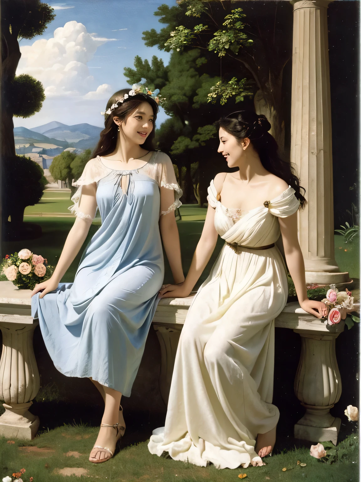 full body portrait or statue、Giorgione painting style,Arguments of two female Philosophe,math、astronomical machine、astronaut、roses in vase、fruits、Cute trinkets、smile、ancient greek costume、Ancient Roman landscape in the style of Nicolas Poussin,laughter,,Sweet and seductive appearance.、Caravaggio's paintings、Chiaroscuro of Caravaggio、hair tousled by the wind,Two women frolicking,cute smile, expression of ecstasy,Sexy,erotic
