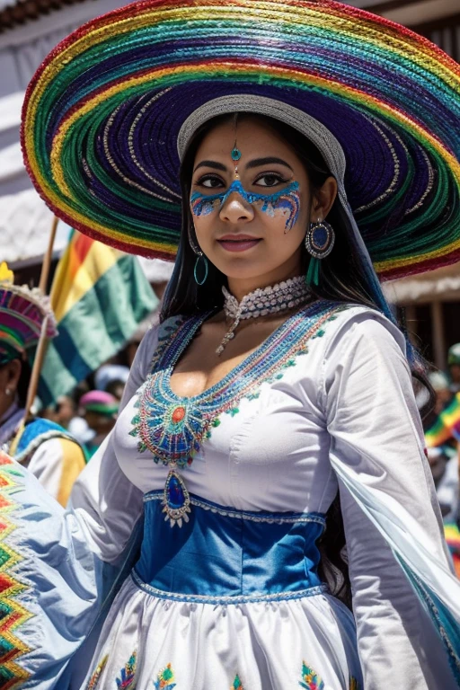 Un primer plano de una mujer con un vestido azul y blanco y sombrero, disfraz con detalles en azul, disfraz tradicional, vistiendo un traje adornado, folklorico, (((carnaval de Oruro, bolivia))), ethnic outfit, ropa tradicional de chola color azul, vestido tradicional, Traje nacional boliviano de carnaval, una mujer joven y muy hermosa.