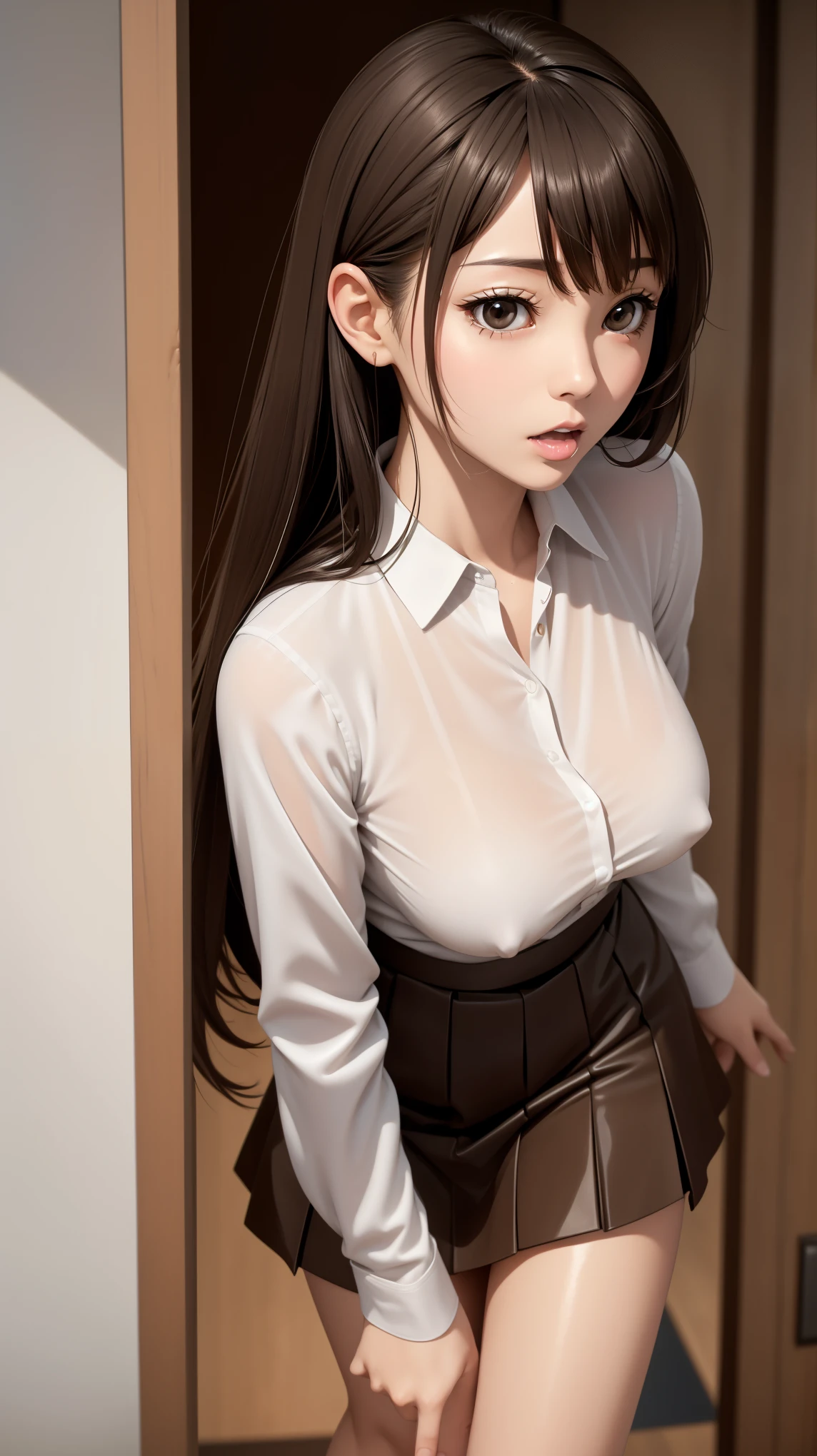 8K quality、High definition、Realistic skin texture、High definitionの瞳、、Blowjobする女、Brown long hair、、A neat and tidy blouse dress made of thin fabric、Dignified face、slender、Model Body Type、Flip-up skirt、Realistic female genitalia、Deep and realistic penis swallowing、Blowjob、Deep Throat、Semen-covered body、Put the penis in your mouth all the way to the base、Shooting from the side