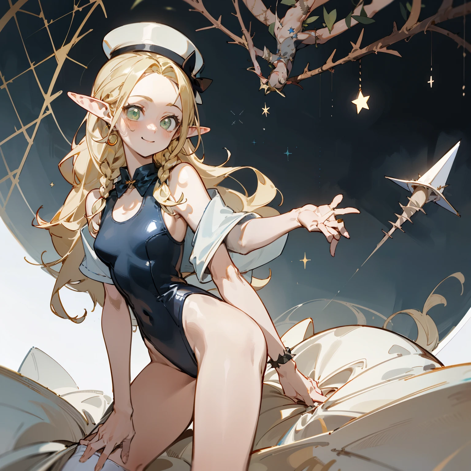 一个穿着黑色Deep V one-piece swimsuit、girl in a hat，(masterpiece, best quality) detailed,silver accessories , Blonde ,elegant, Pointed ears ，Deep V one-piece swimsuit，Double tail，Waist-length hair，Smile，Star decoration，White lace socks，thorns，Rose，Vest line