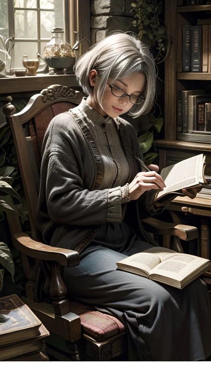 Realistic painting, ((Fascinating)) View of a woman reading a book, Antique books, cozy hobbit cave, Wizard,Healer, ((nostalgic)), detailed, Warm palette,(A little old woman),Sitting in a rocking chair,Grey hair bob haircut,There's a black cat next to me