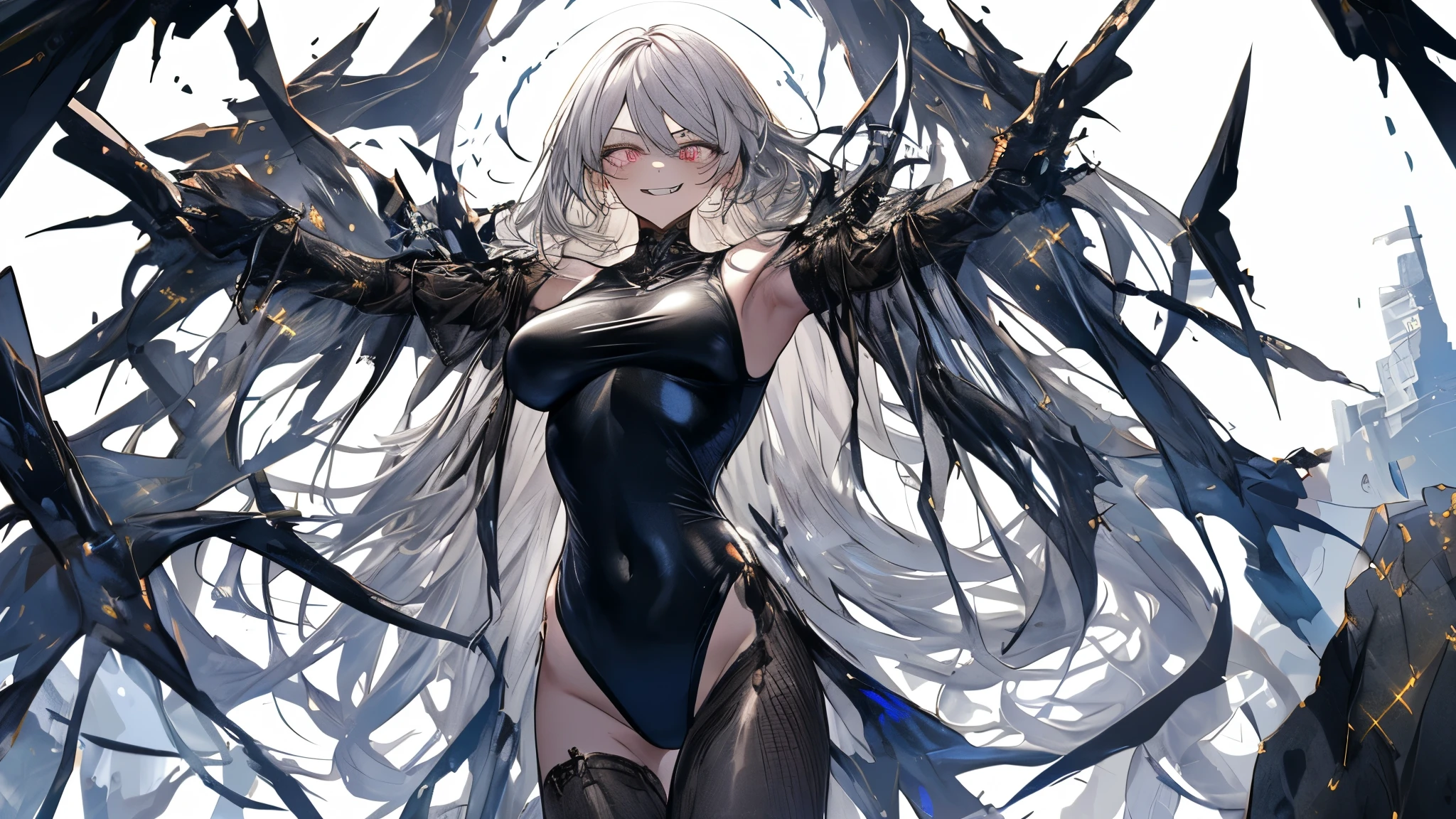 masterpiece， highest quality， Observe the audience， length Hair， Fresh， （Wavy Hair：0.7），
White Theme， （（（（Gray ruins，）））），Human whole body，naked，Front view，Side view，Top view，Silver Eyes，Bright pupils，length, Pure white straight hair、軽いsmile，Ultra-high resolution，Accurate，Very detailed，Awards，Attention to detail，highest quality，8k、全naked、Doomsday of the World、Black Dragon、Sexy beauty、Big Breasts、Very detailedな顔、dance、(((anger,smile)))、(Sexy high leg swimsuit)、(Top view、Panoramic Viewpoint)、A glittering city、Dynamic pose