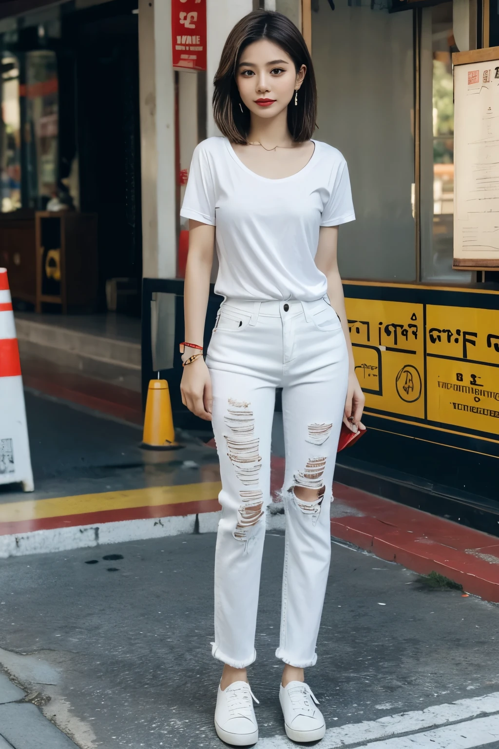 excellent quality, masterpiece,The streets of Bangkok，Street Photography，full-body shot，Wearing white T-shirt and jeans，A pair of white canvas shoes，Showing collarbone，