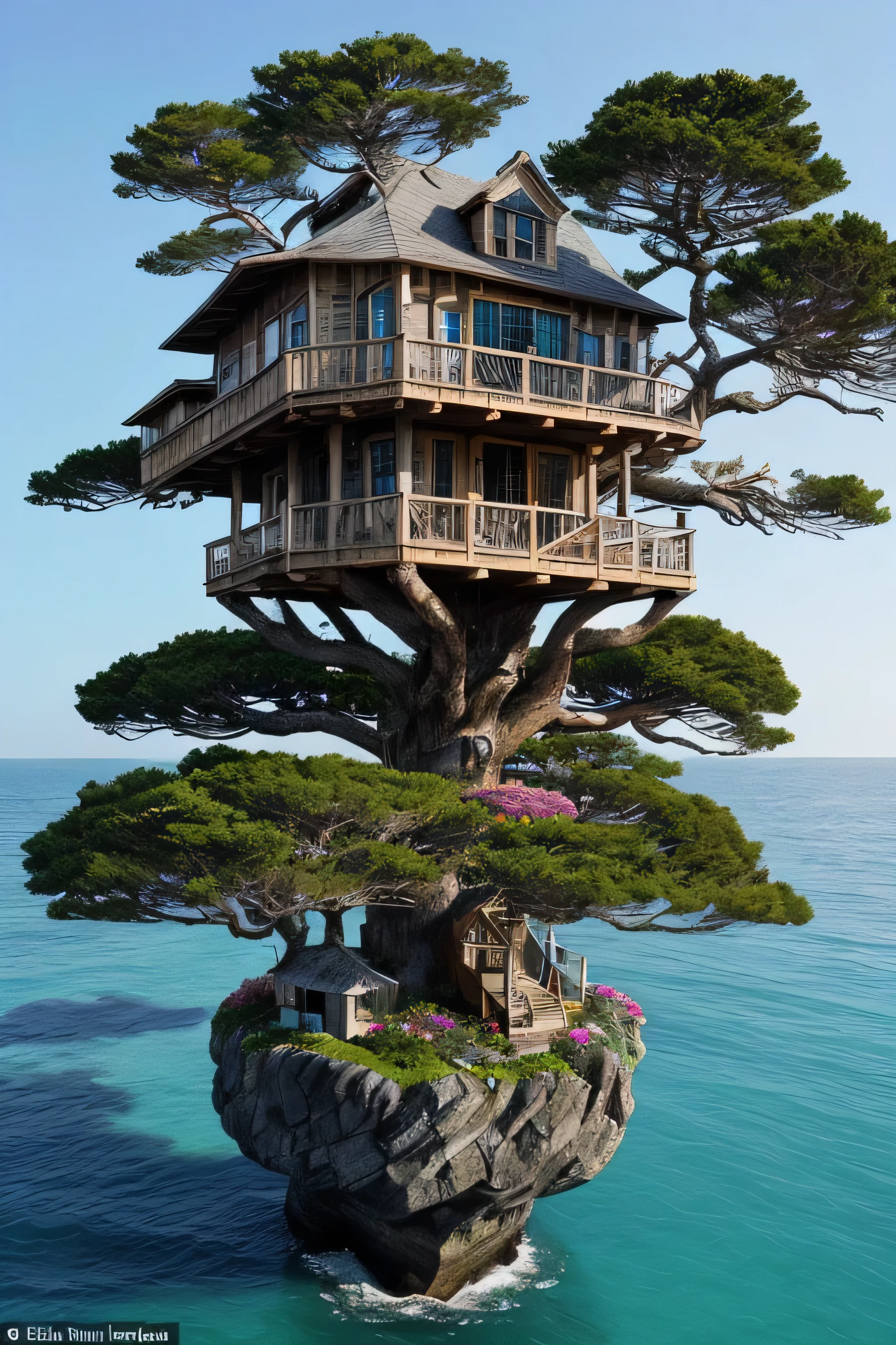 Perfection The Coolest tree house on a large rock in the middle of the sea with flowers in front of the house and trees on both sides of the house