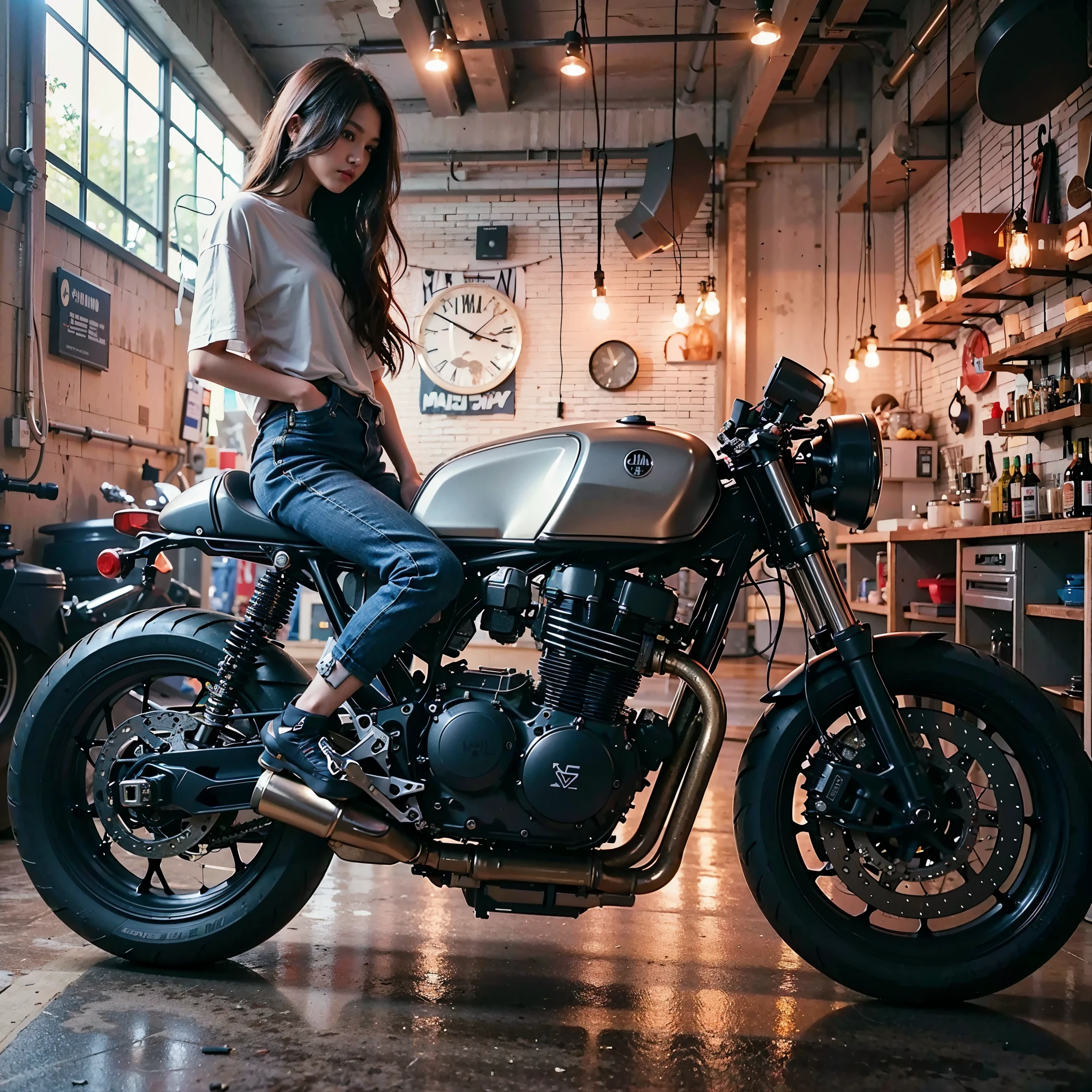 (RAW shooting, Photorealistic:1.5), 8k, highest quality, masterpiece, Ultra-high resolution),Motorcycle Pictures、Perfect dynamic composition:1.2,YAMAHA yzf-r6、Neo Cafe Racer Custom、Cowl、Photorealistic、Extremely intricate details、Exact bike details