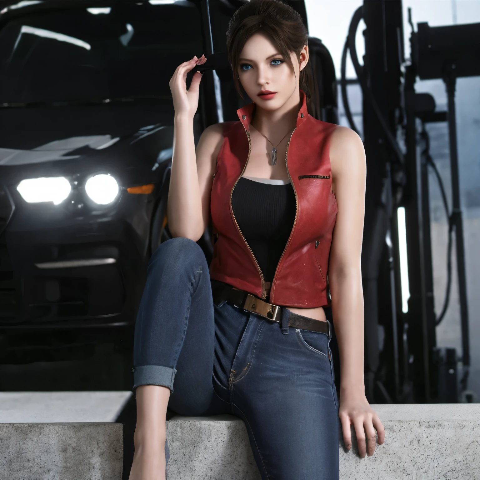(masterpiece, best quality), 1girl , claireredfield2, wear jeans, open the leg