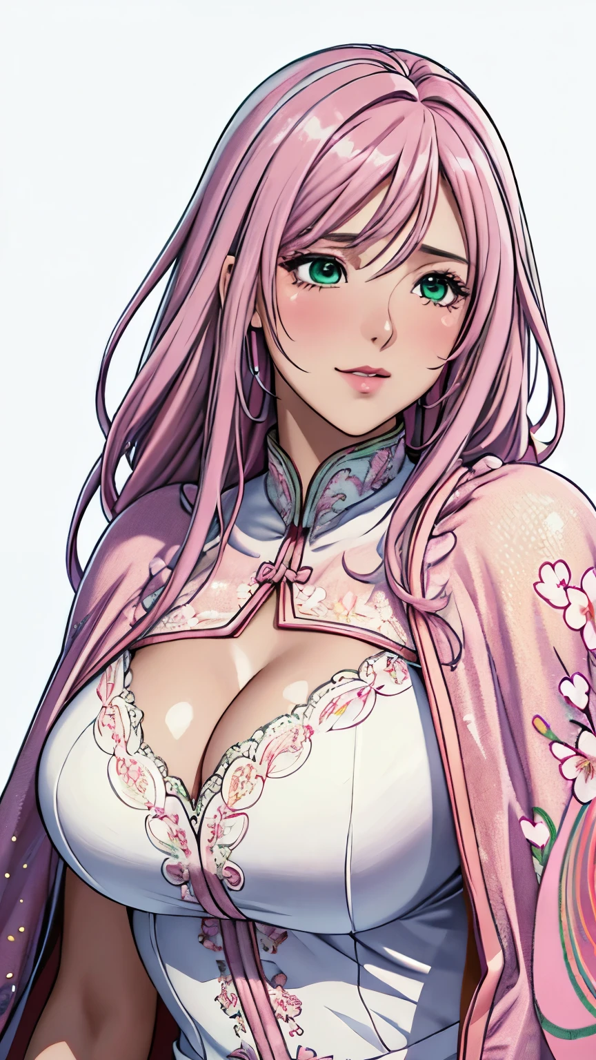 green eyes, (highest quality, masterpiece painting:1.3), immature woman, , (half body shot), masterpiece, ultra high resolution, (Photoreal:1.0), ((light pink hair)),straight hair, beautiful shining hair, white and shining skin, ((Ultra realistic details)), octane rendering, highly detailed face, (big breasts:0.8), (make a heart with hands), (((Wearing Fluorescent fabric:harem outfit,Suzhou embroidery technique:Lace sequin cloak woven from feathers))), Fabric Glows, open neckline, cleavage, perfect body, soft skin, White cherry blossom embroidery pattern, silver earrings, (pure white background:1.4), sharp focus, intricate details, professional artwork, (bright colors:1.1), bright colors, diffused lighting, digital blending, ultra-definition body, ultra detail hair, super detailed face, trending on pixiv, top button open, Cute gaze, compensate, perfect lips, perfect compensate, Ultra-precision coating, (light_smile:0.8), (Very embarrassed:1.2), blush your nose, (1girl in), Solo, (looking left), Dressed like a Norse goddess, (Portrait, shot from a side angle), A lot of flowers in the frame,