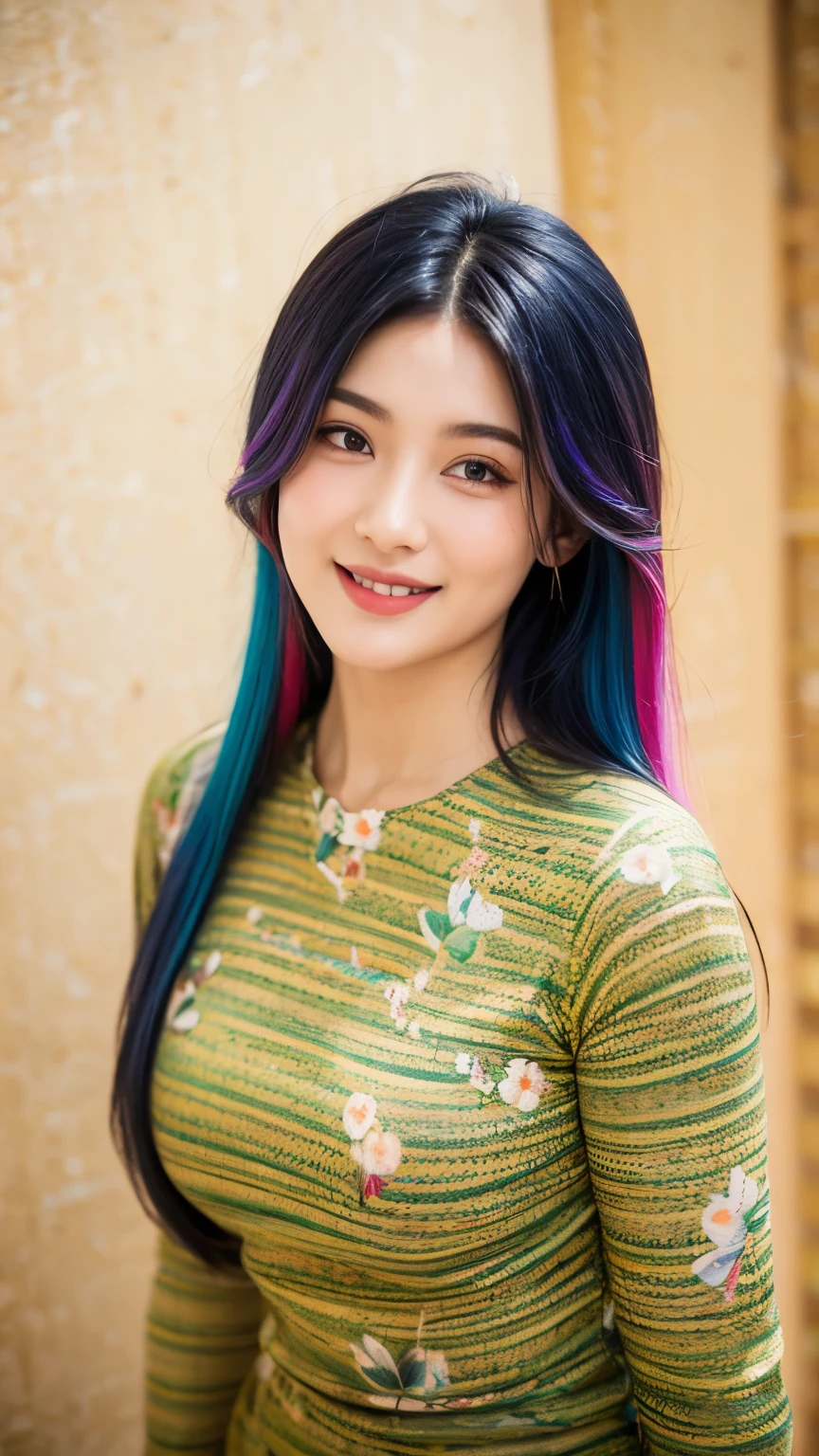 (best quality, masterpiece), 1girl,( long and soft colored hair:1.3), multicolored hair, girl's lovely room, 15 year old, smile, beaming face, extremely high resolution, photorealistic, RAW photography, depth of field, amazingly high detailed eyes and face, silky smooth skin, ((mmTD burmese patterned traditional dress)), lime green colored dress, floral printed dress with ornate designs