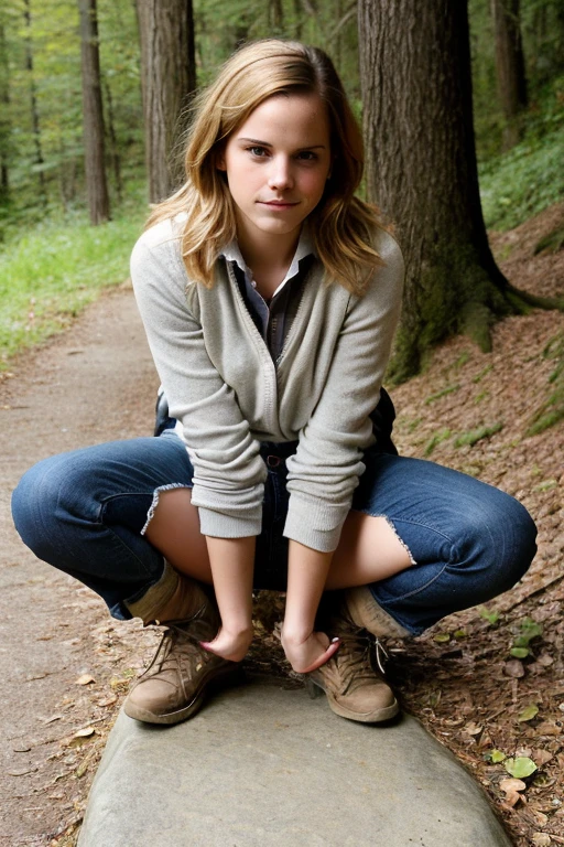 Photograph of emma2009 woman, hiking outdoors, warm spring day, hiking clothes, Under view , front view, looking on viewer, squatting, jeans mini skirt,