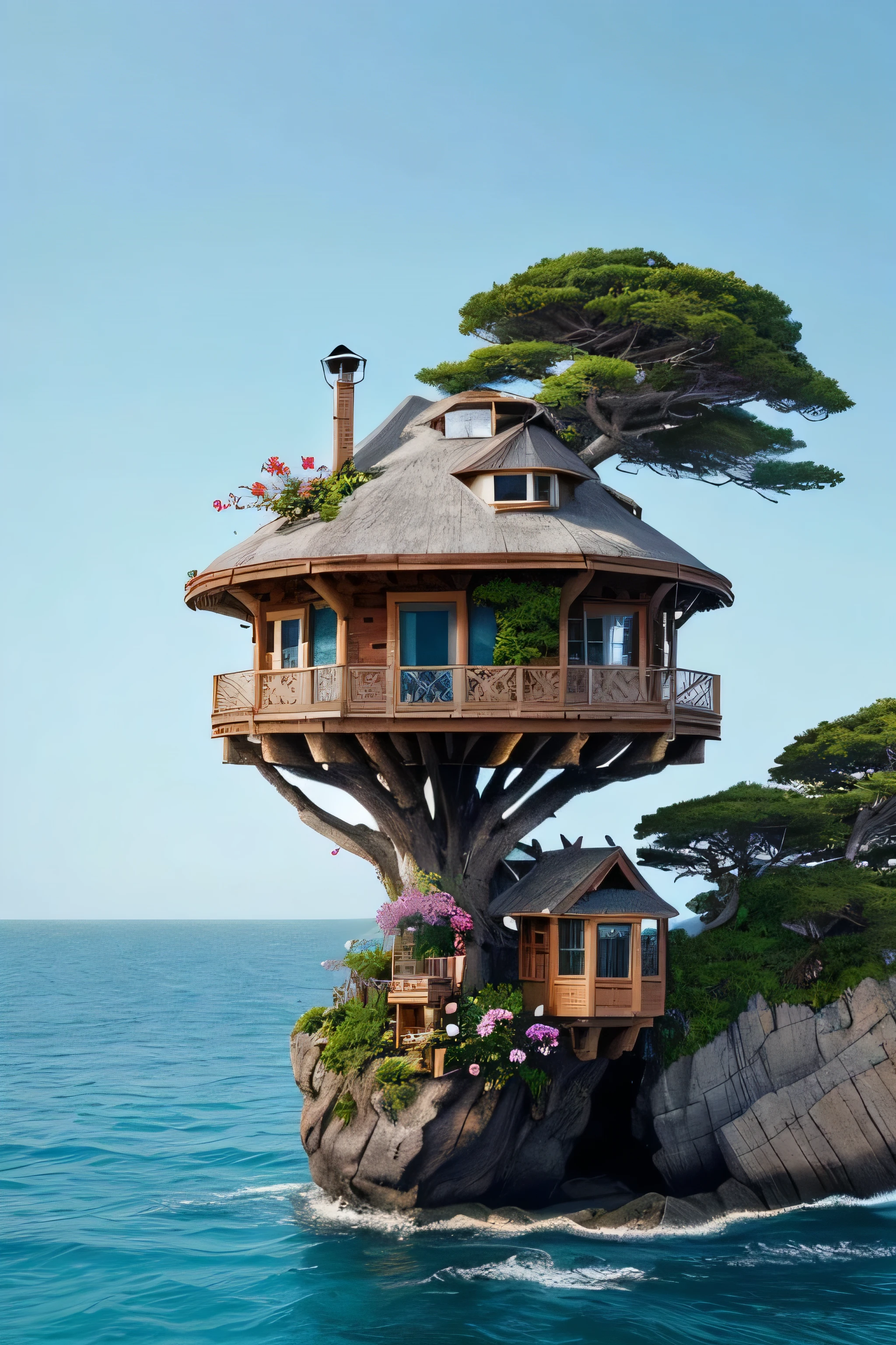 Perfection The Coolest tree house on a large rock in the middle of the sea with flowers in front of the house and trees on both sides of the house