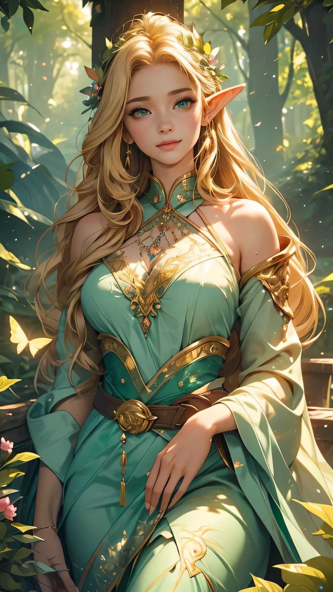 A young elf girl with (beautiful detailed,emerald) eyes and (long,thick,curly) blonde hair, wearing a (flowing,ethereal,elaborate) green garment, stands gracefully in the middle of a serene lake. Surrounding her is the enchanting interior of the forest, with tall (ancient,majestic) trees covered in vibrant green leaves and (colorful,wild) flowers. Sunlight filters through the (thick,lush) foliage, creating a (soft,magical) glow around her. The lake's surface is calm and reflects the serene surroundings, adding a sense of (tranquility,peacefulness) to the scene.

The elf girl's (joyful,radiant) expression reveals her connection to the magical world she inhabits. Her delicate features include (rosy cheeks,pouty lips) that complement her fair complexion. She exudes an air of (grace,elegance) and confidence, captivating anyone who sets eyes on her.

The fantasy theme becomes more pronounced as mystical creatures such as (butterflies,fairies,dragonflies) flutter around the girl, their wings shimmering with iridescent colors. The sounds of (whispering leaves,songbirds) fill the air, adding to the enchanting atmosphere. The girl's surroundings are basked in (golden,hazy) light, which gives the entire scene a dreamlike quality.

To enhance the quality of the image, the prompt should include "(best quality,4k,8k,highres,masterpiece:1.2)" to ensure the final output is of top-notch caliber. Additionally, using tags like "ultra-detailed," "(realistic,photorealistic,photo-realistic:1.37)," and "(HDR,UHD,studio lighting)" will contribute to an image that is rich in detail, vivid in colors, and captures the very essence of the fantasy theme.

Artistic Styles: fantasy, portraits
Color Palette: shades of green, soft pastels
Lighting: warm, diffused sunlight, gentle shimmering effects
